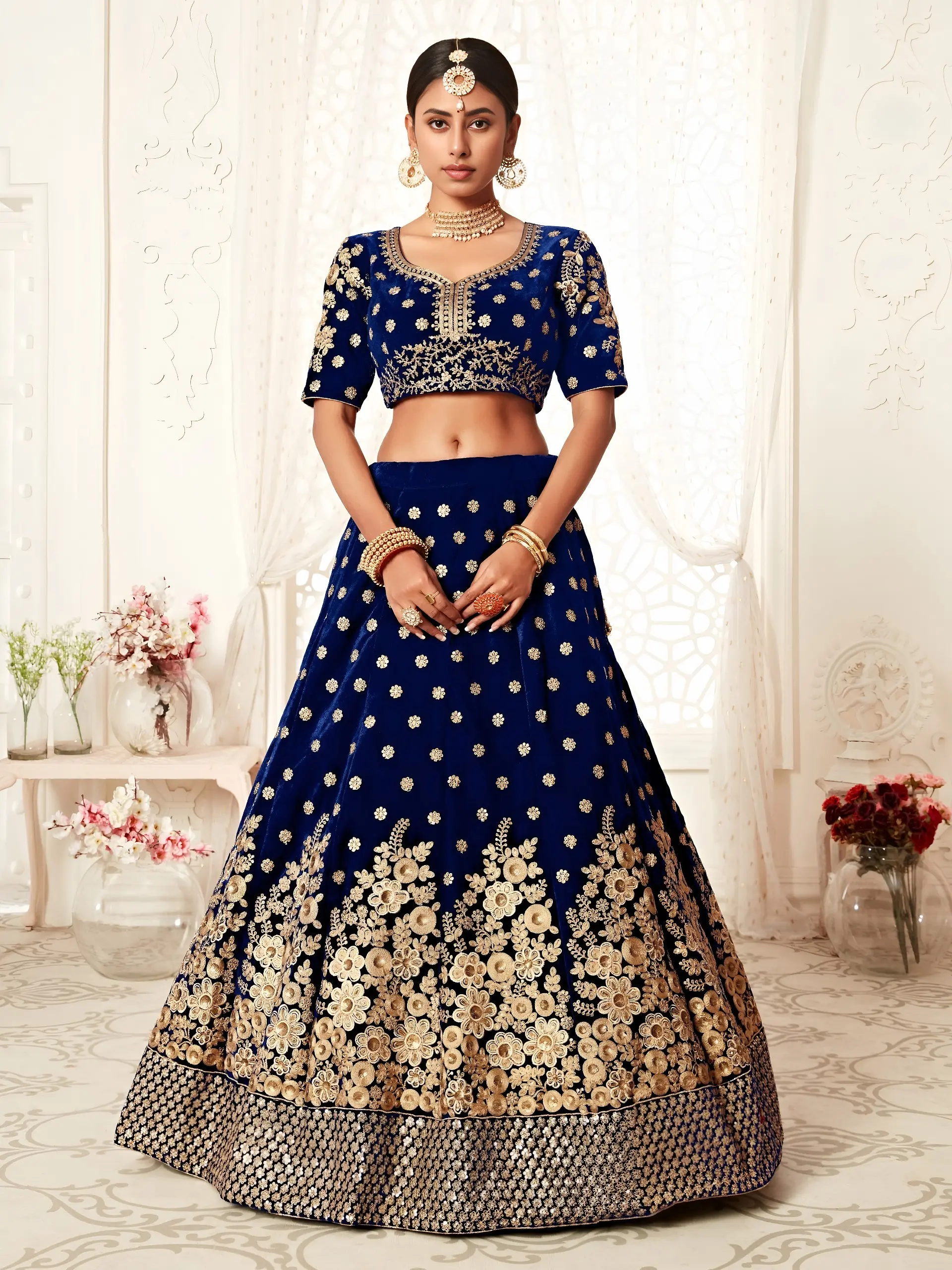 Royal Blue Velvet Bridal Choli with Zari and Sequins Work