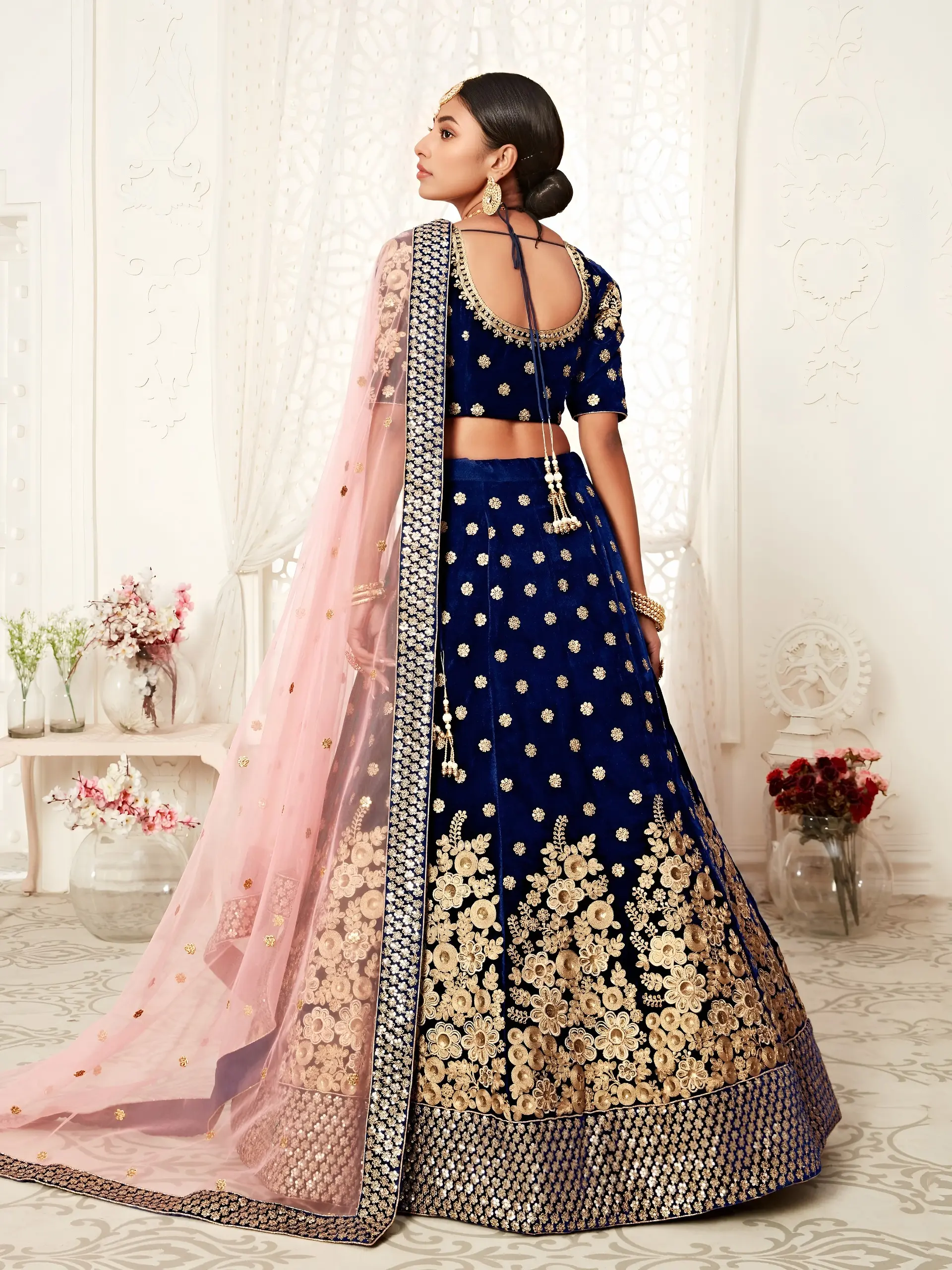 Royal Blue Velvet Bridal Choli with Zari and Sequins Work