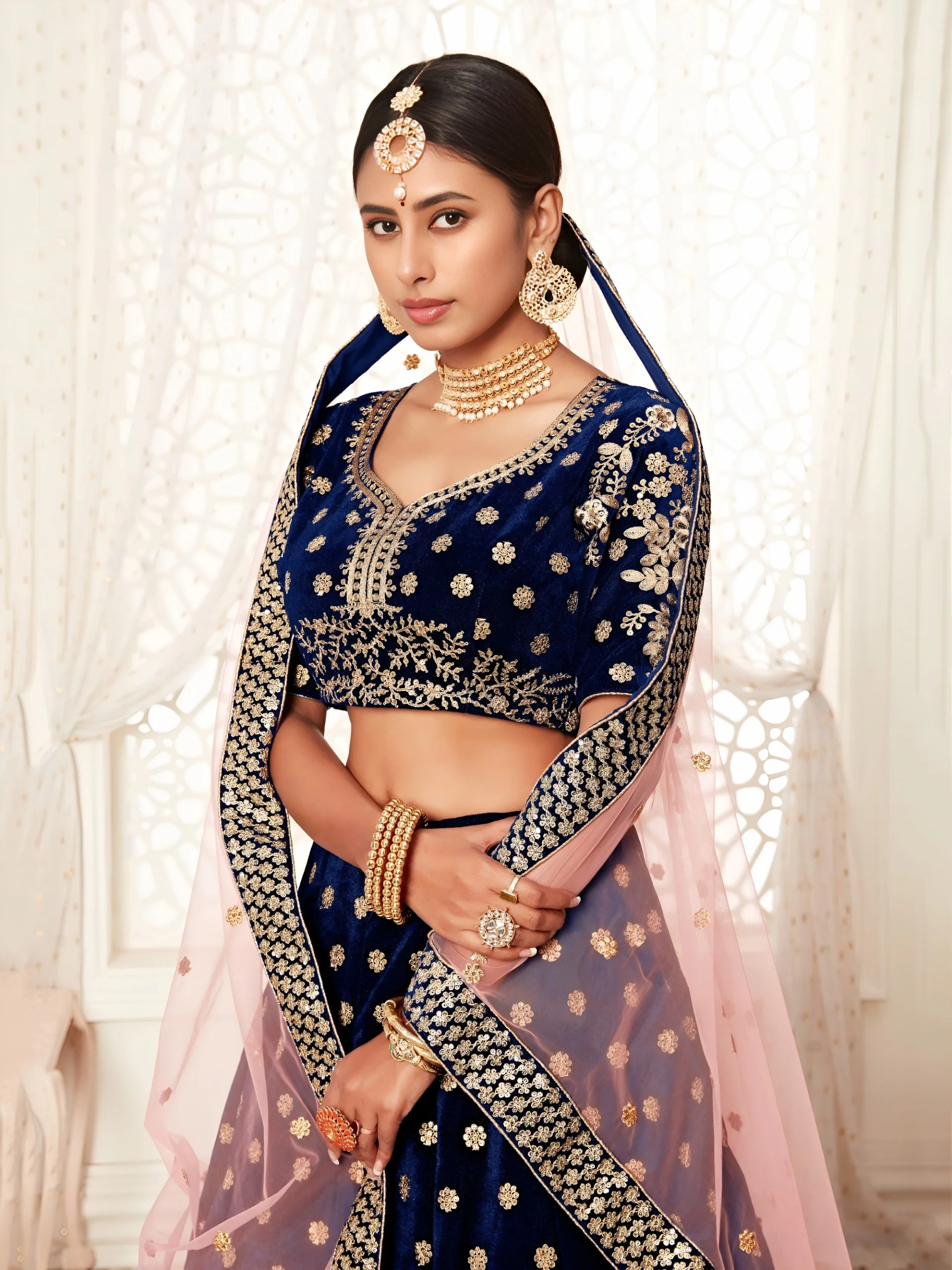 Royal Blue Velvet Bridal Choli with Zari and Sequins Work
