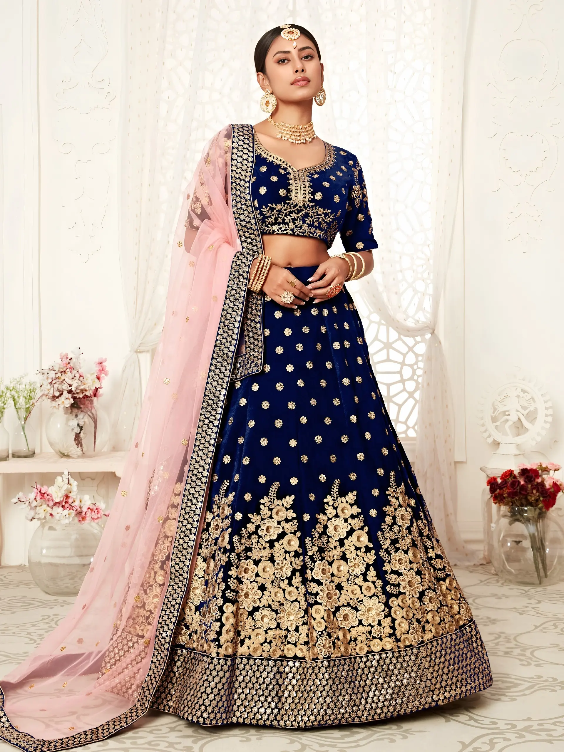 Royal Blue Velvet Bridal Choli with Zari and Sequins Work