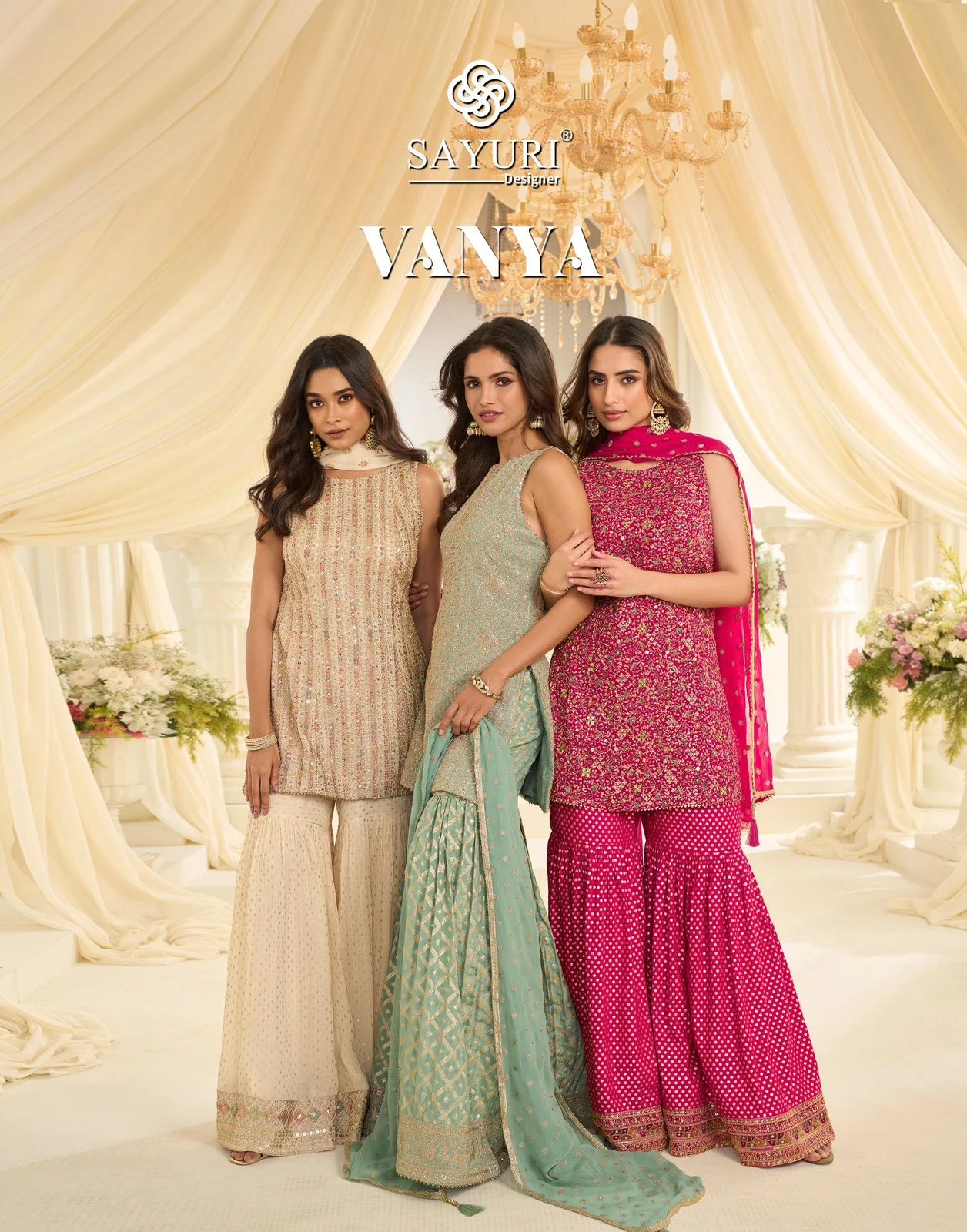 Sayuri Designer Vanya Premium Real Georgette Embroidered Sero ski Zarkan Suit With Gharara And Dupatta