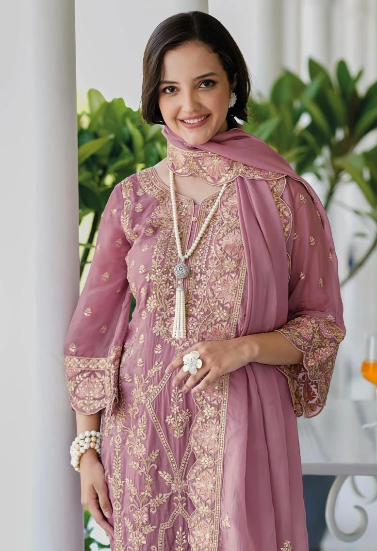 Soft Organza Embroidery Work Suit With Silk Bottom And Dupatta