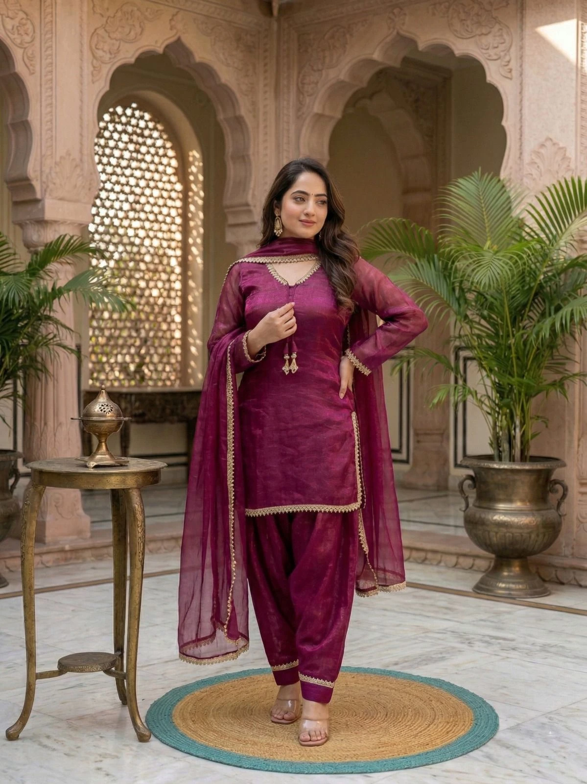 Solid Farshi Salwar Suit With Designer Mirror And Moti Work Dupatta
