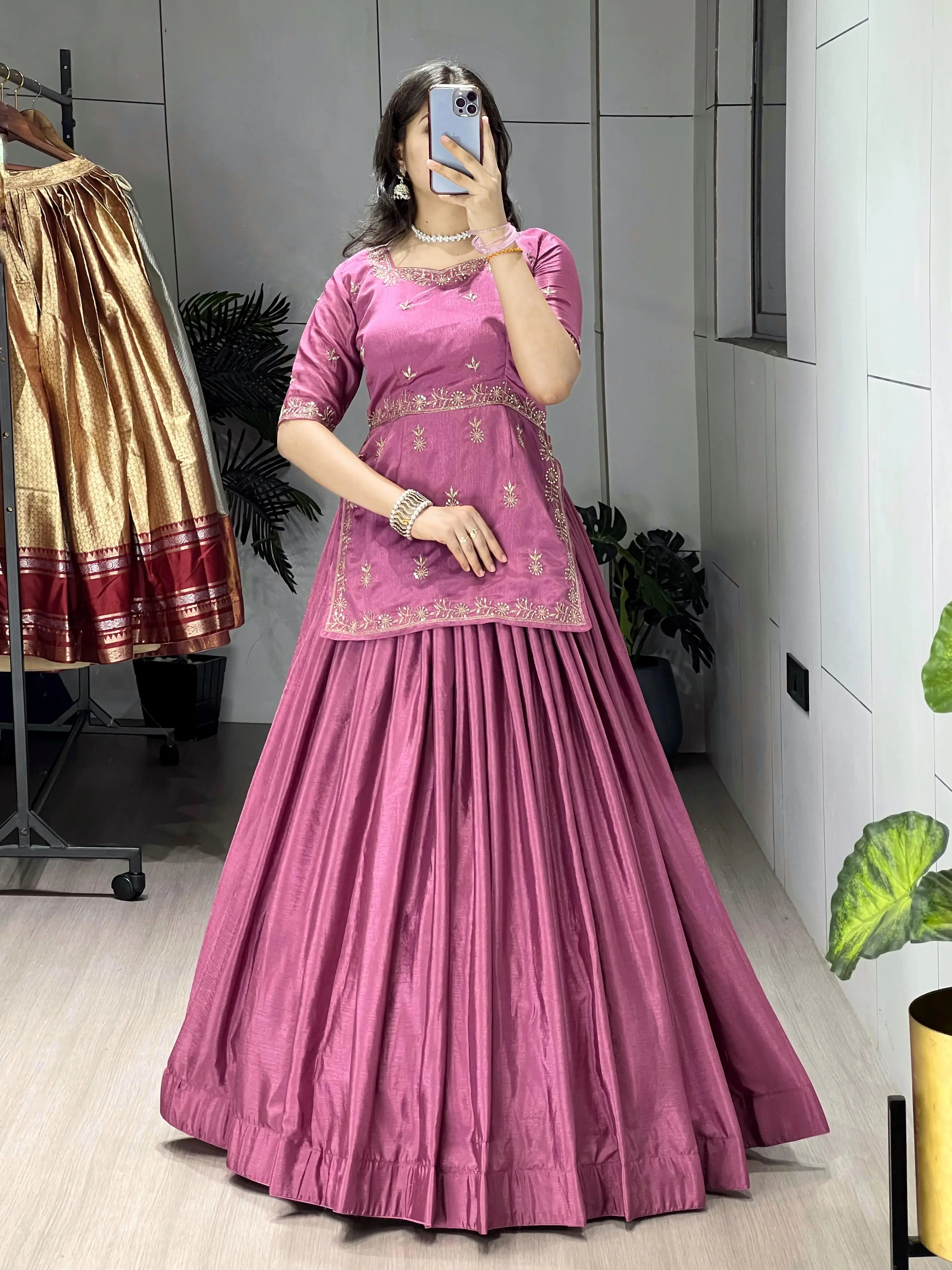 Stylish Embroidered Chinon Lehenga Set