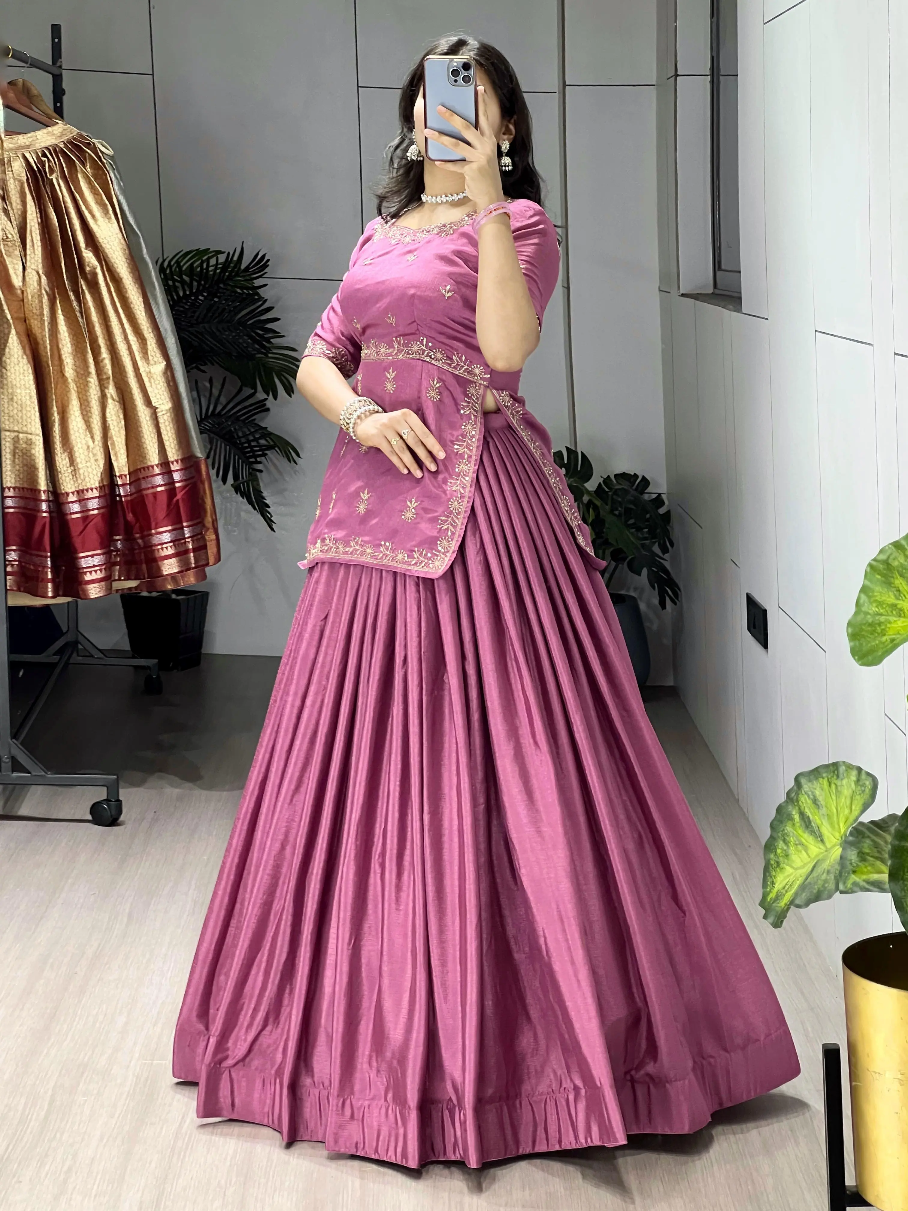 Stylish Embroidered Chinon Lehenga Set