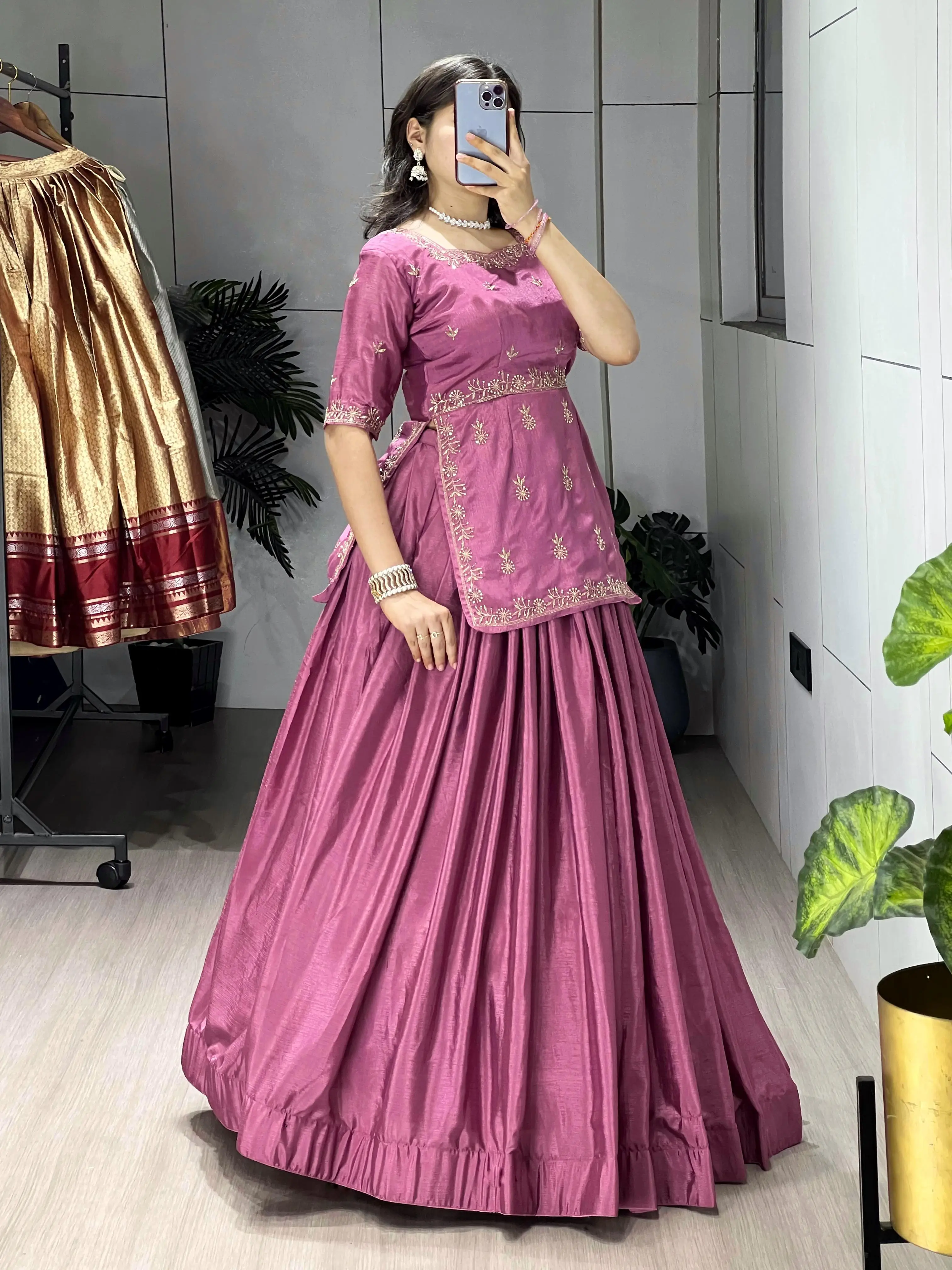 Stylish Embroidered Chinon Lehenga Set
