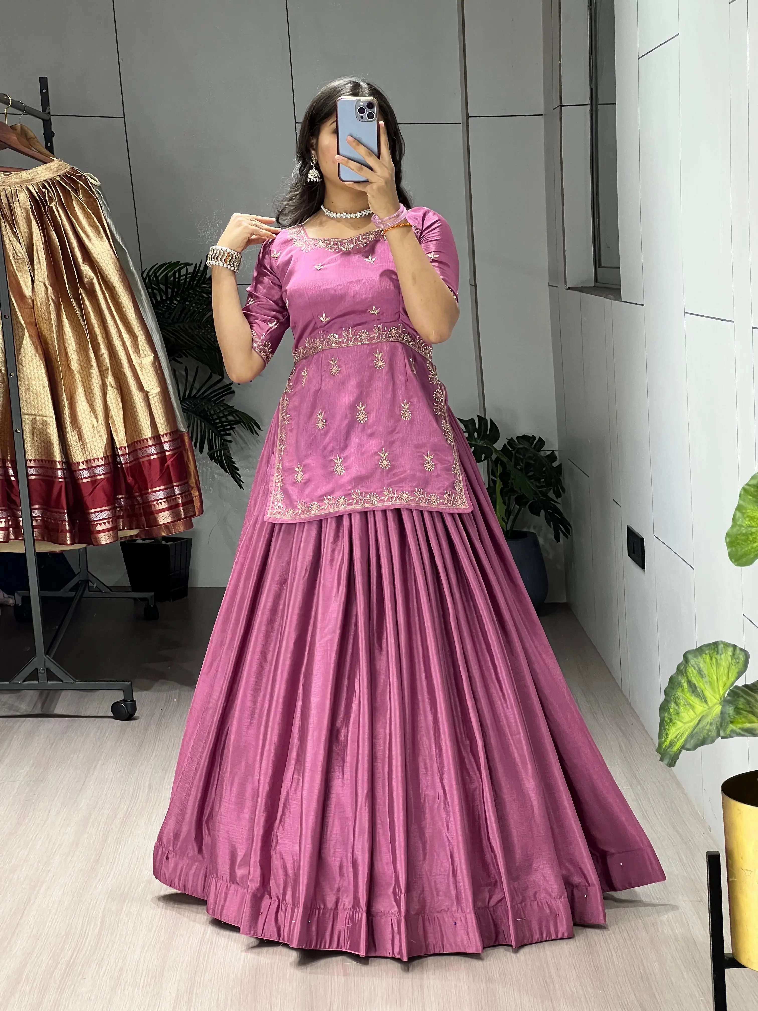 Stylish Embroidered Chinon Lehenga Set