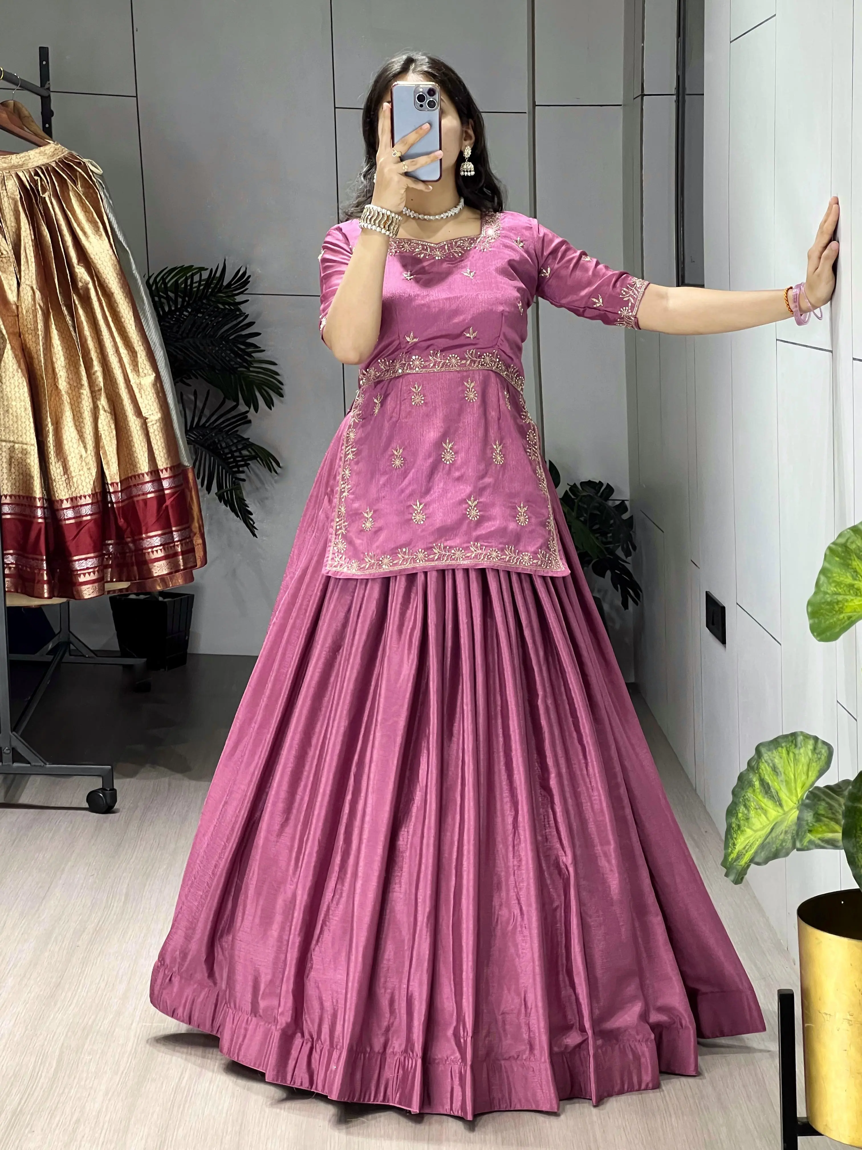 Stylish Embroidered Chinon Lehenga Set
