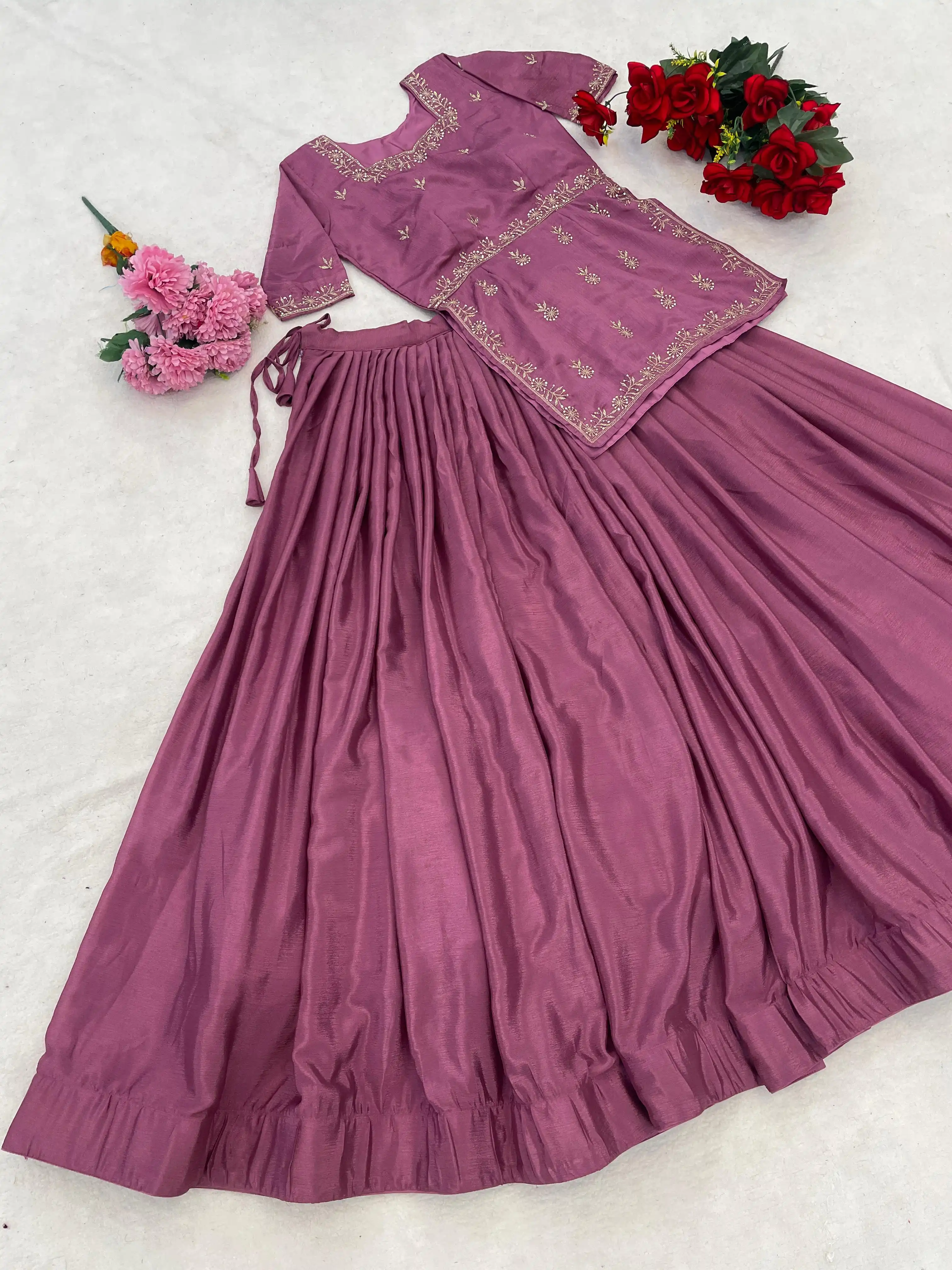 Stylish Embroidered Chinon Lehenga Set