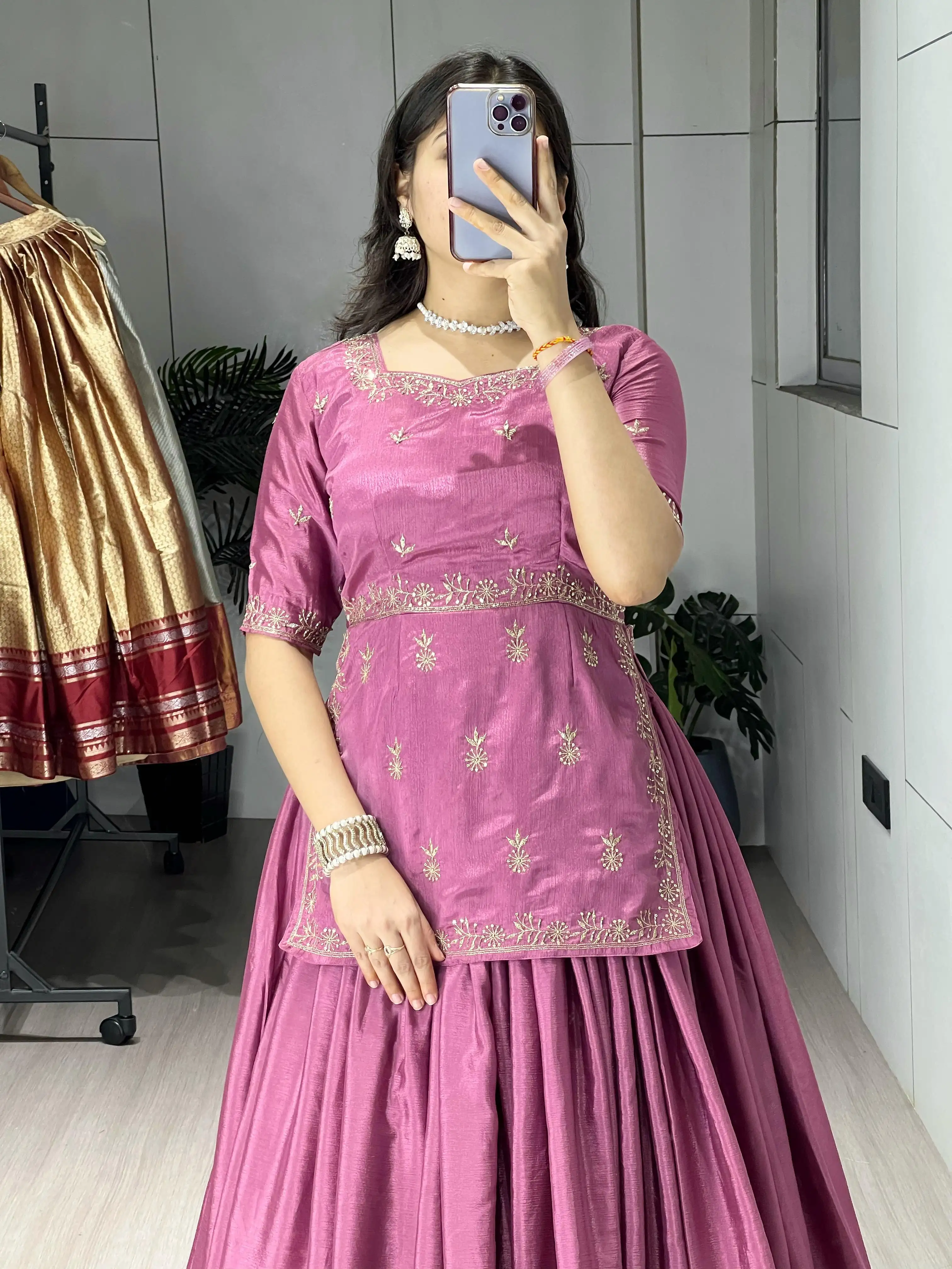 Stylish Embroidered Chinon Lehenga Set