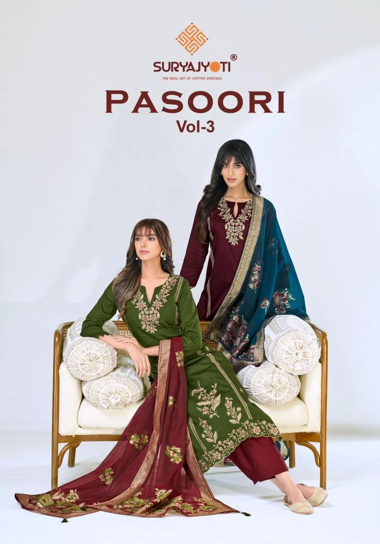 Suryajyoti Pasoori Vol 3 Jaam Satin Embroidery Dress Material With Jacquard Dupatta