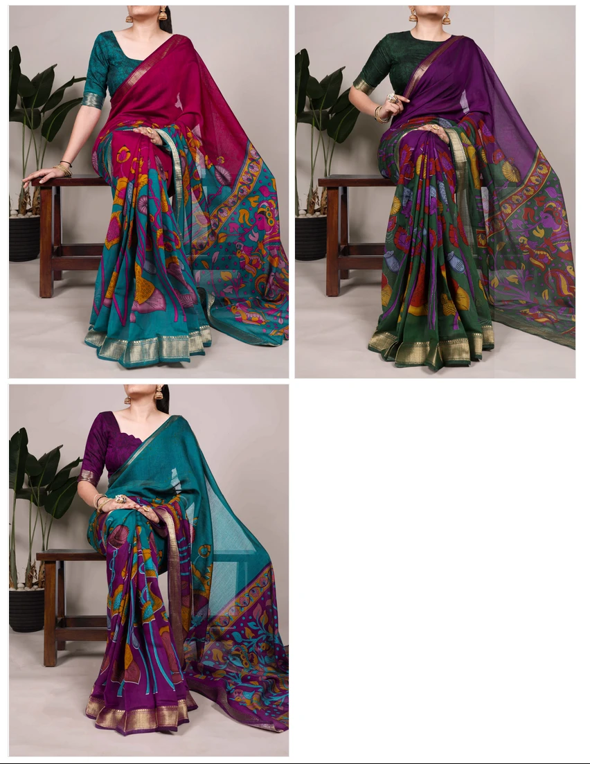 Taraa L 7036 Polyester Viscose Chanderi Floral Printed Saree Collection