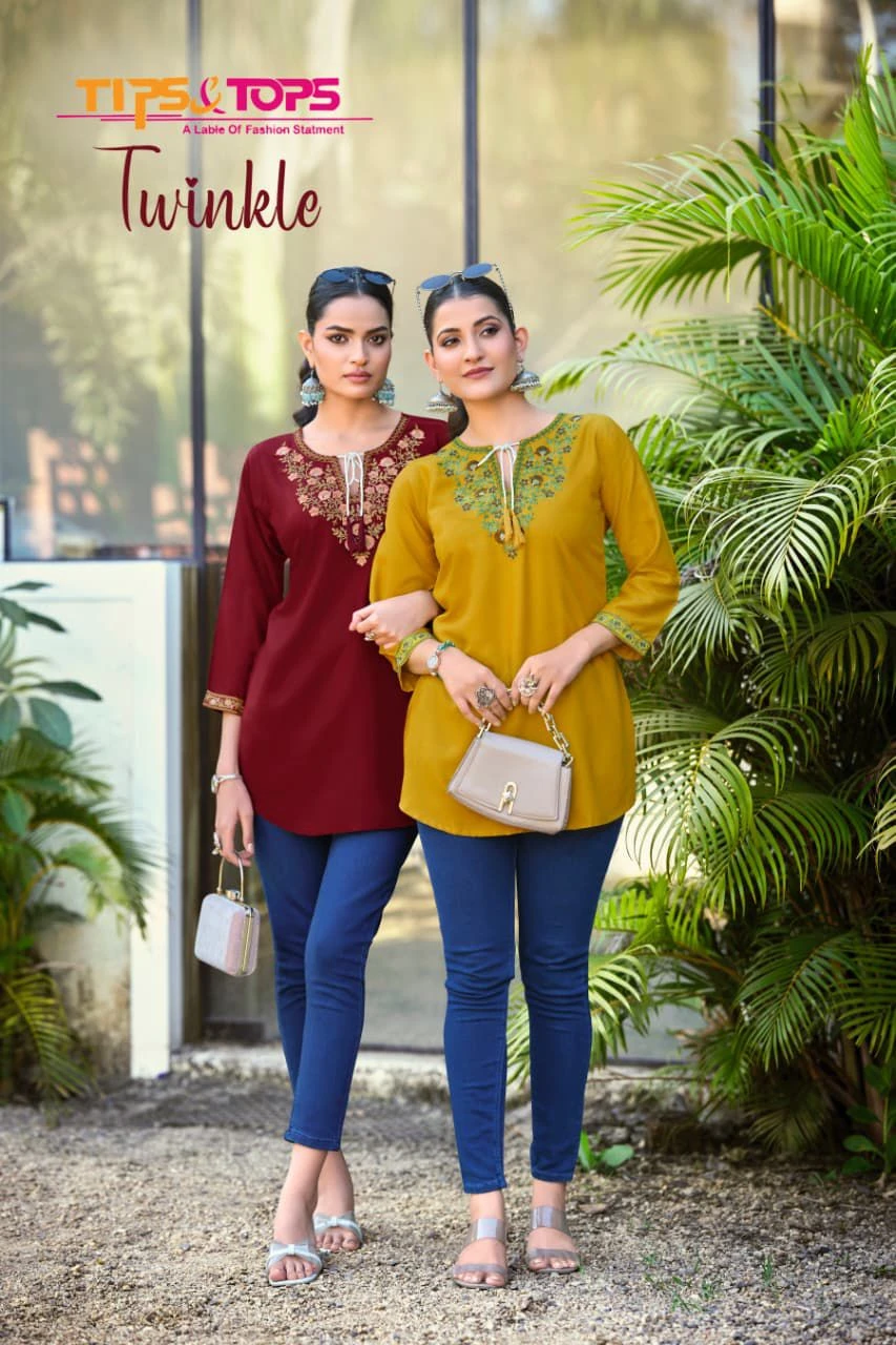 Tips And Tops Twinkle Heavy Rayon Embroidery Fancy Western Short Kurtis