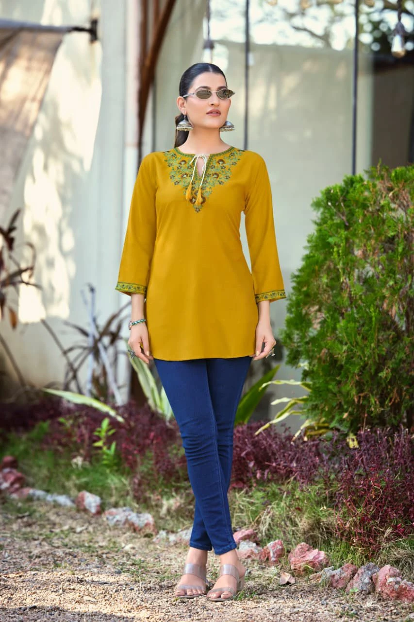 Tips And Tops Twinkle Heavy Rayon Embroidery Fancy Western Short Kurtis