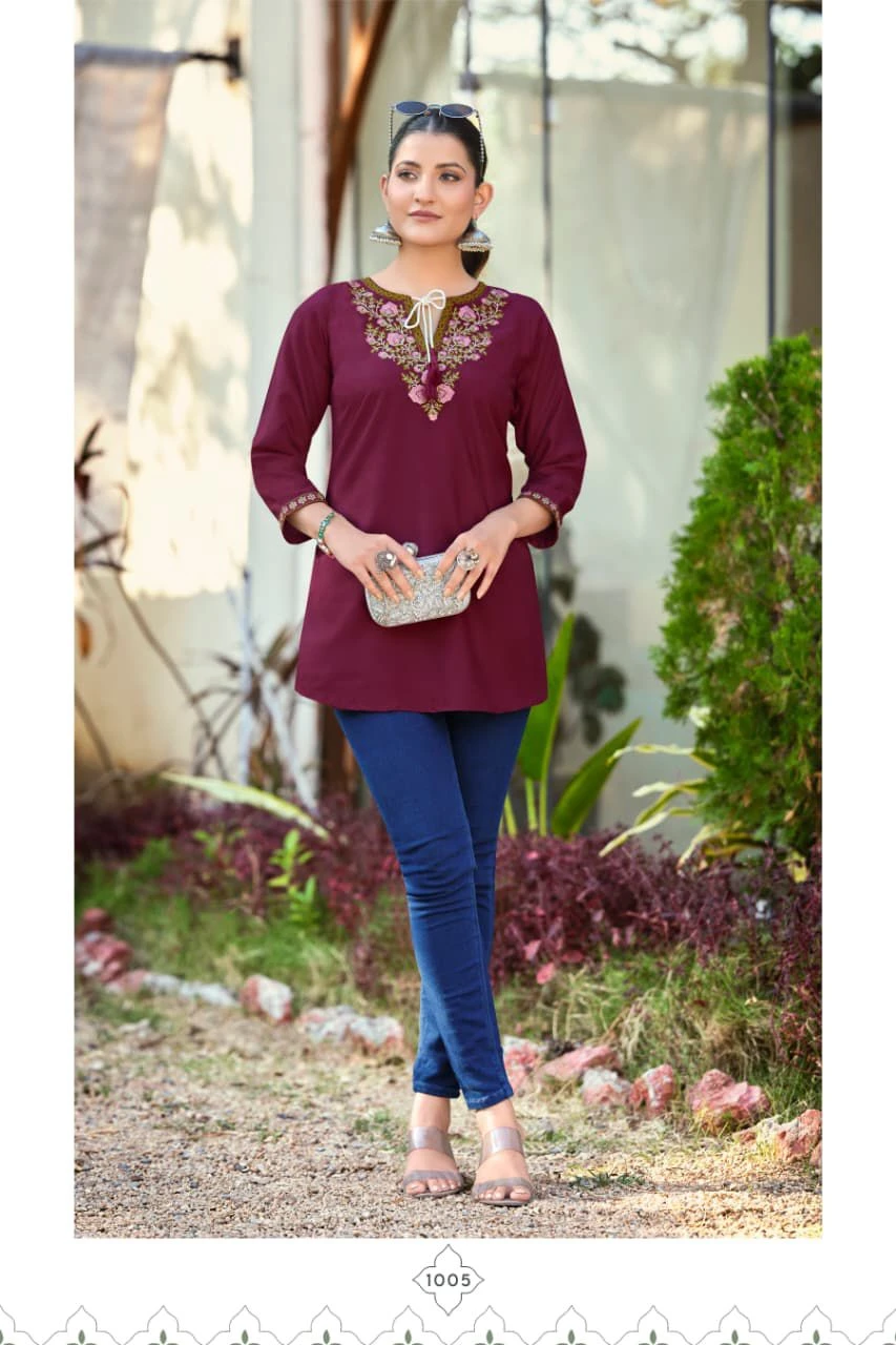 Tips And Tops Twinkle Heavy Rayon Embroidery Fancy Western Short Kurtis