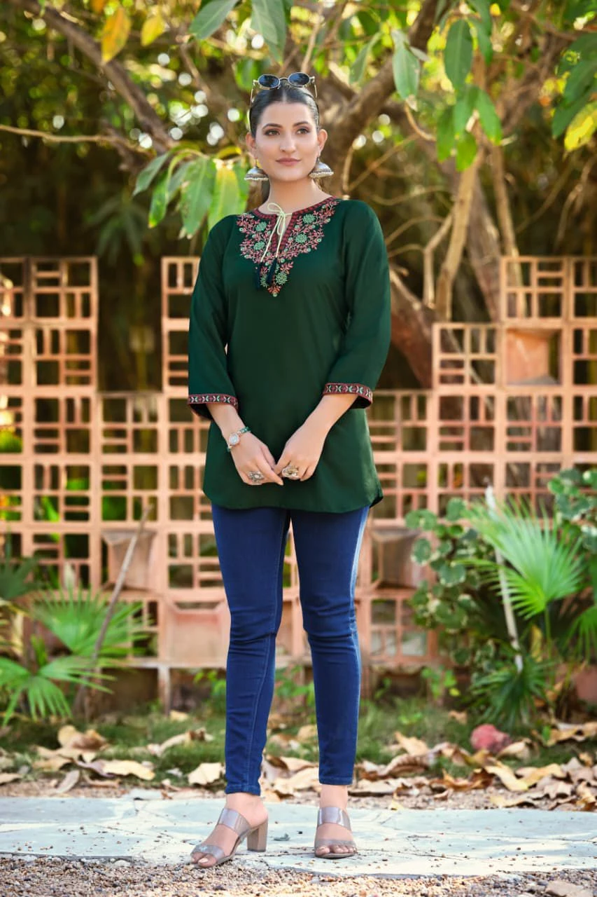 Tips And Tops Twinkle Heavy Rayon Embroidery Fancy Western Short Kurtis