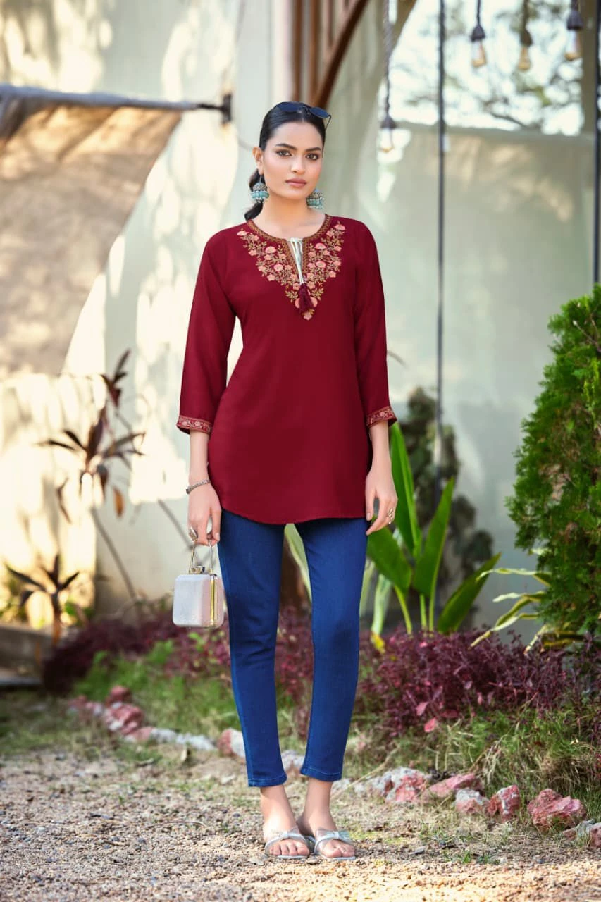 Tips And Tops Twinkle Heavy Rayon Embroidery Fancy Western Short Kurtis