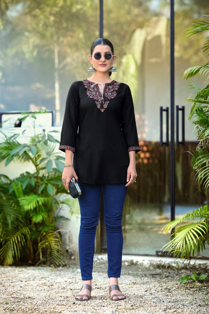 Tips And Tops Twinkle Heavy Rayon Embroidery Fancy Western Short Kurtis