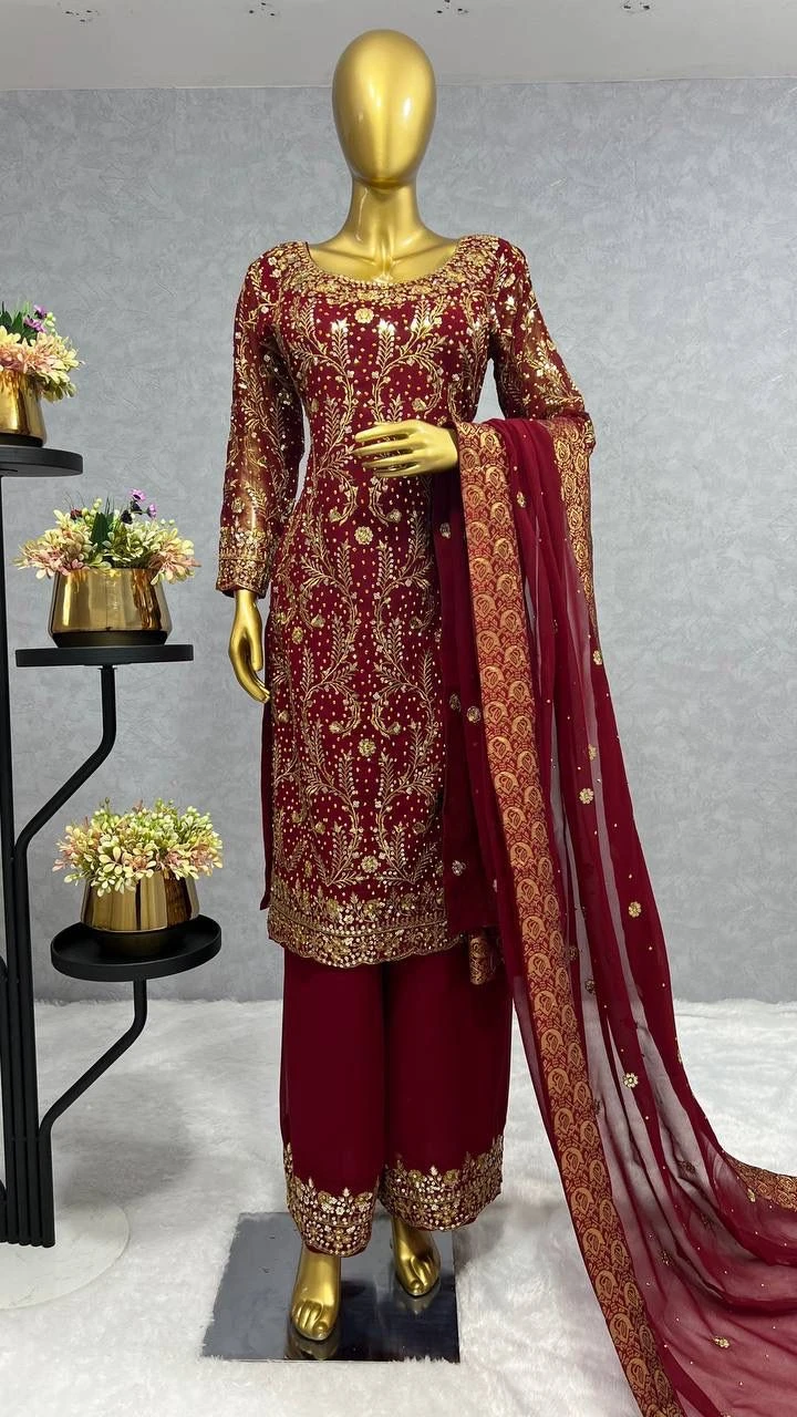 Traditional Faux Georgette Kurti Plazzo Dupatta Set