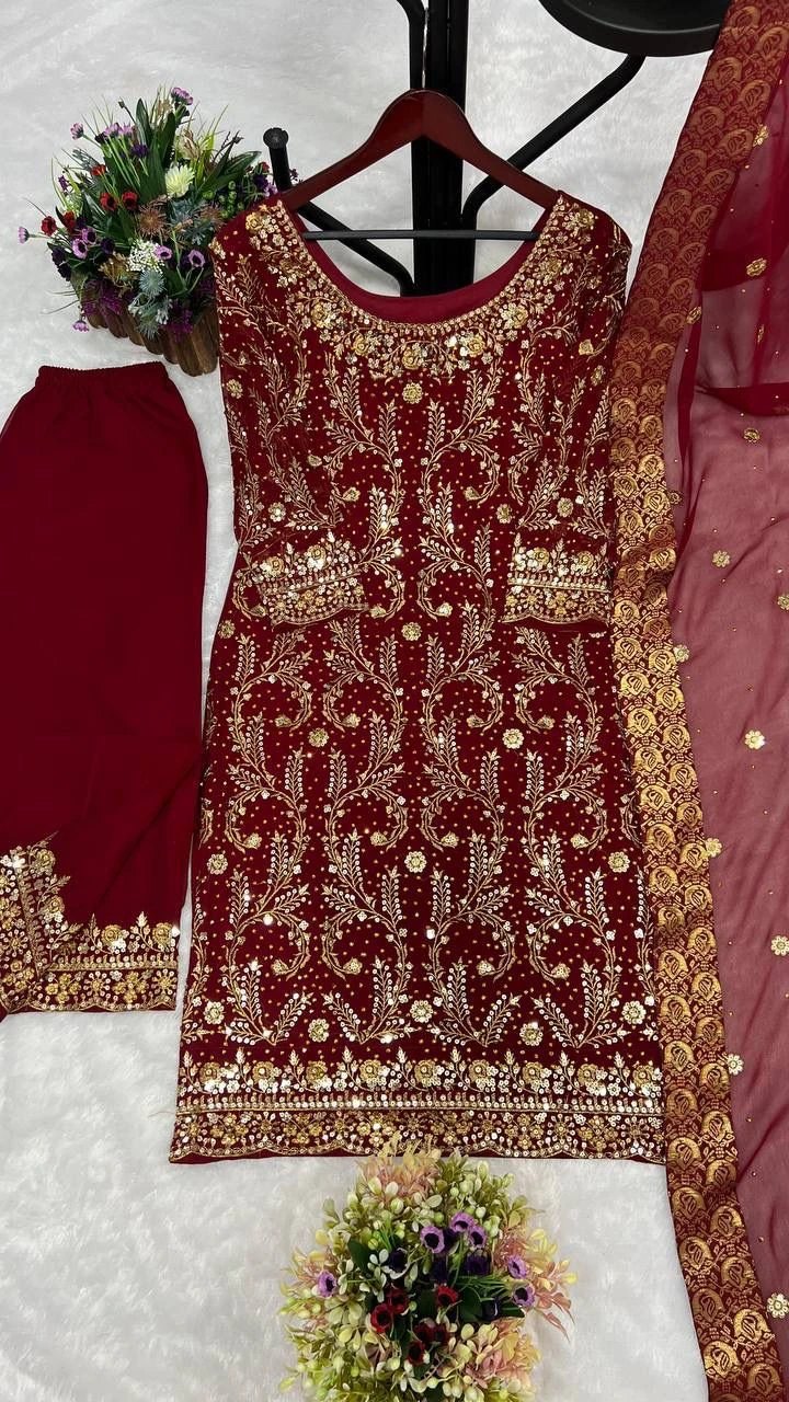 Traditional Faux Georgette Kurti Plazzo Dupatta Set