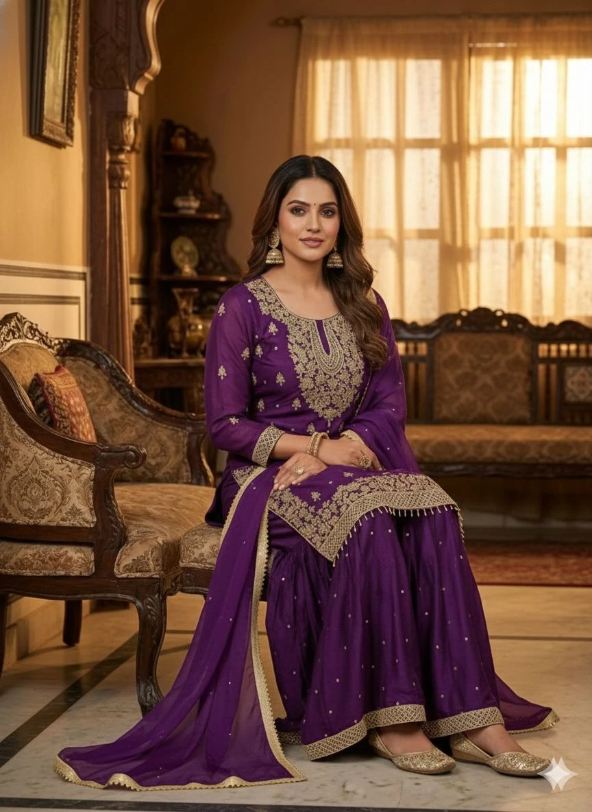 Veenayak GMY Silk Embroidery Sequence Work Sharara Suit With Dupatta