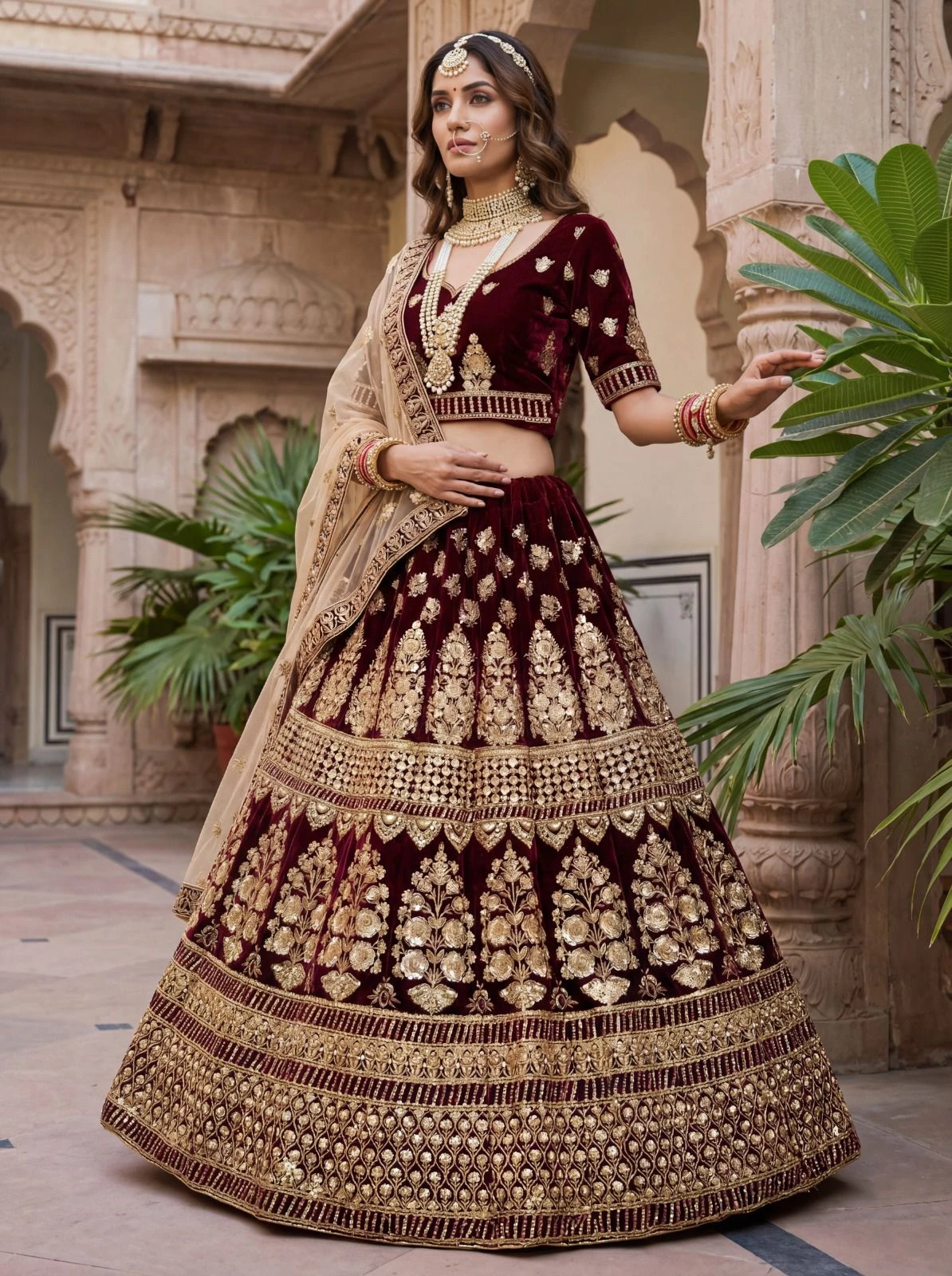 Velvet Sequins Embroidered Lehenga Choli 3007