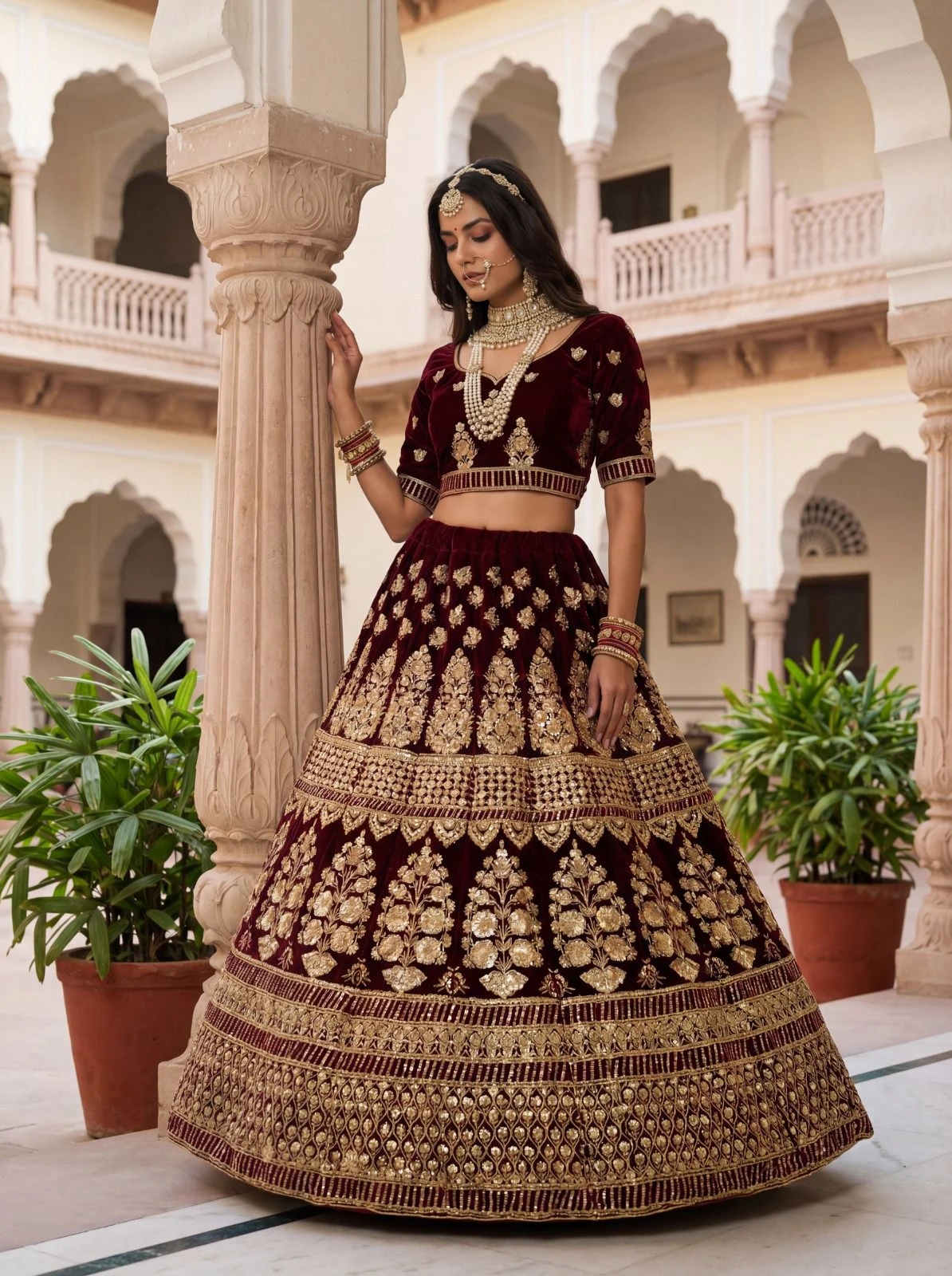 Velvet Sequins Embroidered Lehenga Choli 3007