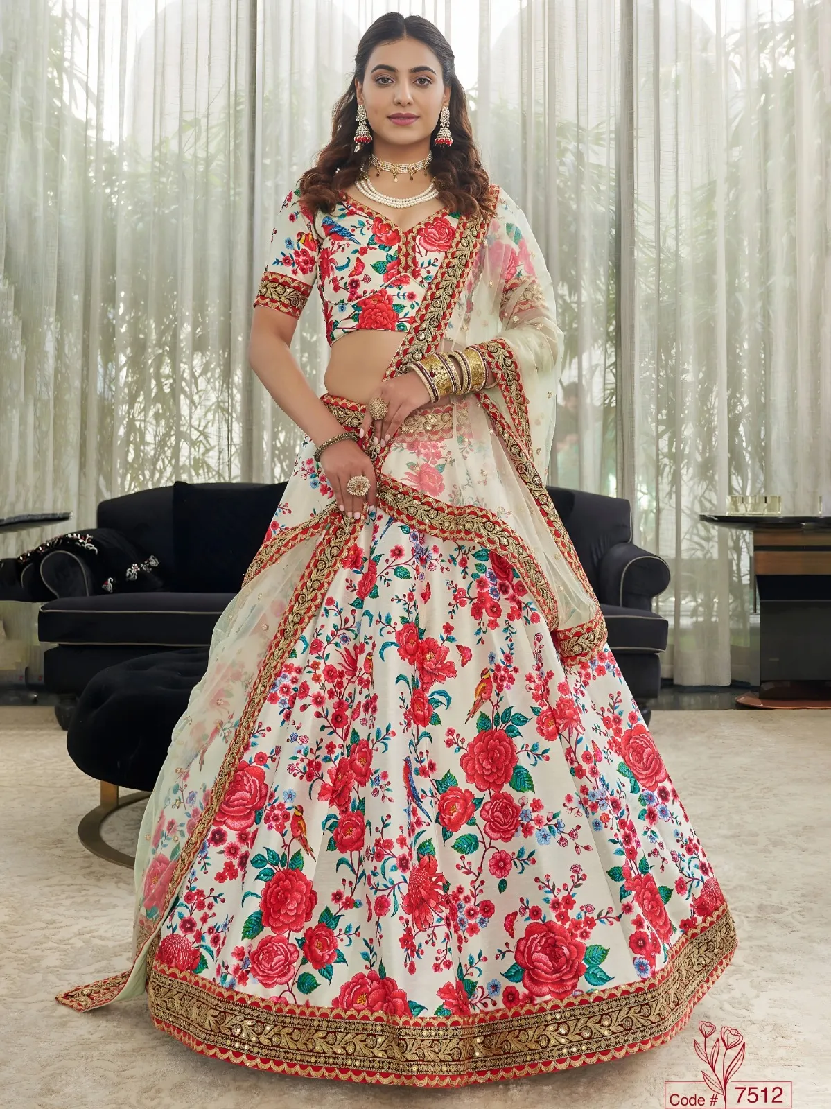 Zeel 7512 Ivory Art Silk Choli with Red Floral Prints