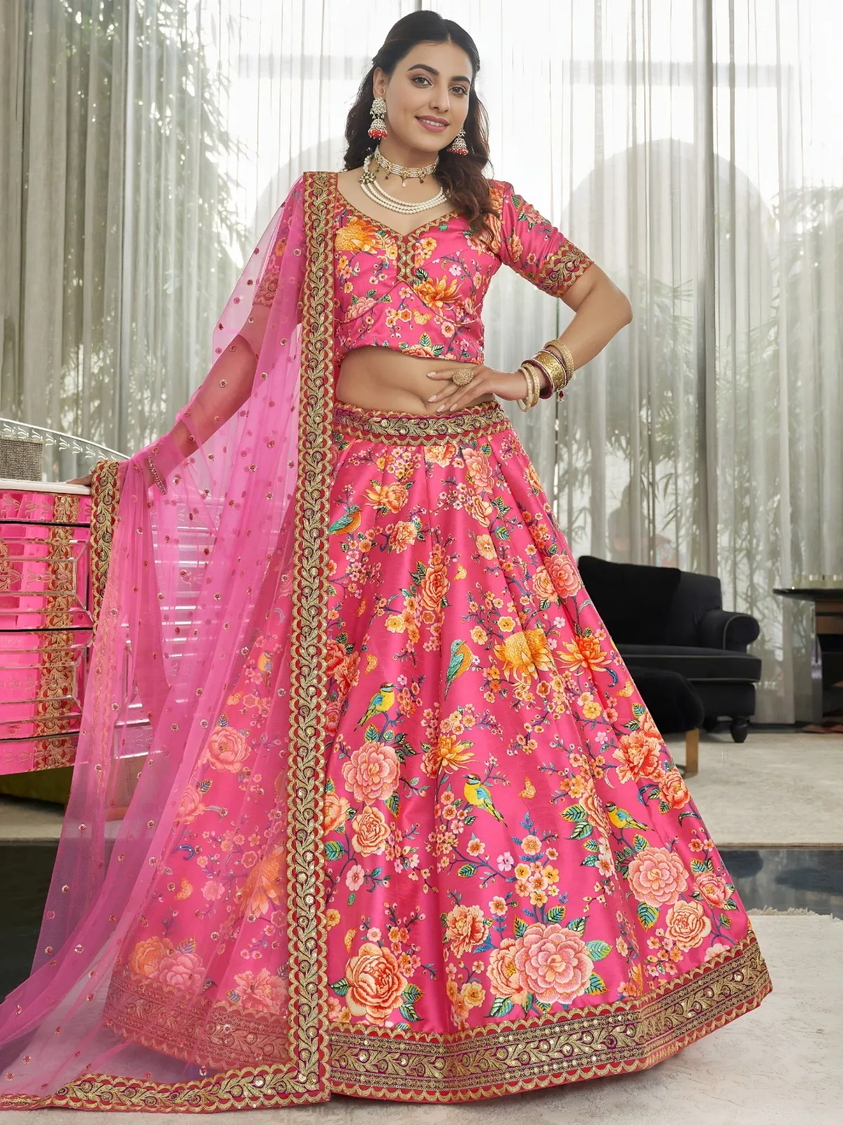 Zeel 7513 Ivory Art Silk Choli with Red Floral Prints