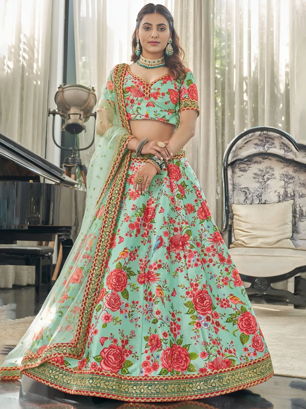 Zeel 7514 Ivory Art Silk Choli with Red Floral Prints
