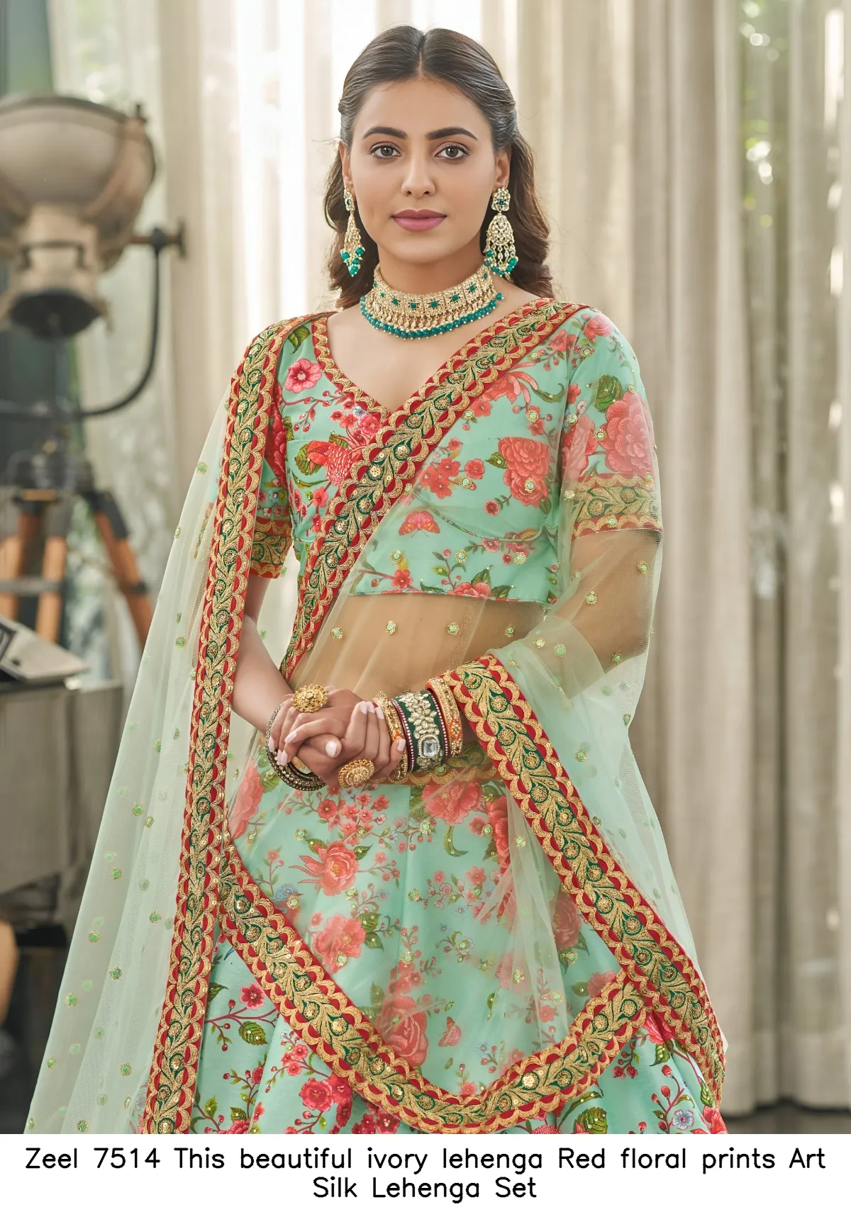 Zeel 7514 Ivory Art Silk Choli with Red Floral Prints