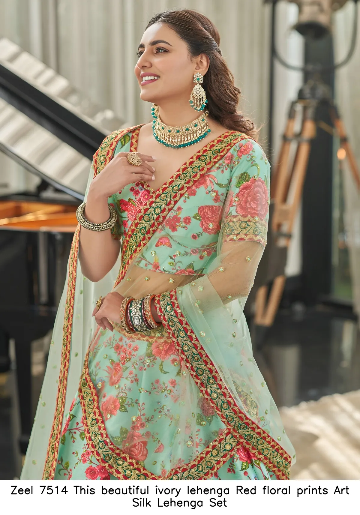 Zeel 7514 Ivory Art Silk Choli with Red Floral Prints