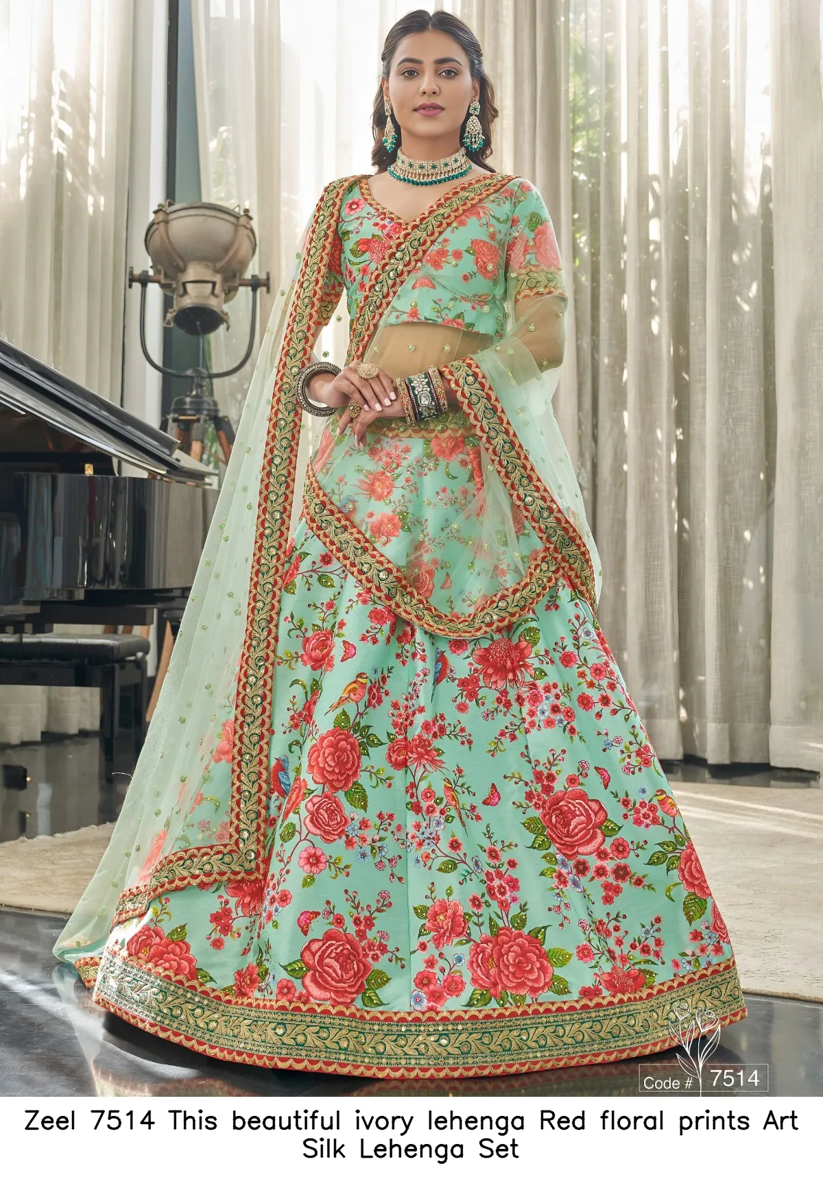 Zeel 7514 Ivory Art Silk Choli with Red Floral Prints