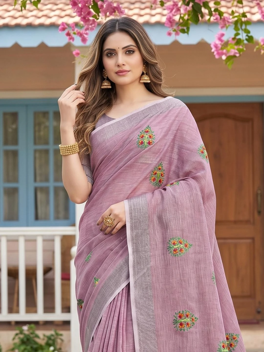 Ast Samaira Soft Linen Embroidery Worked Saree Collection