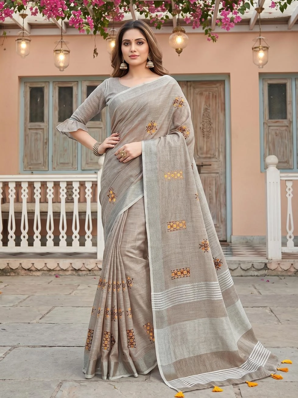 Ast Samaira Soft Linen Embroidery Worked Saree Collection