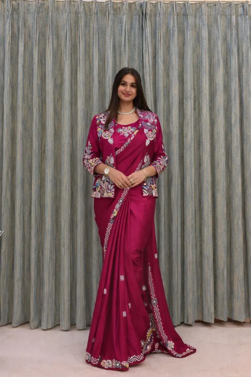 Bt 7142 Pink Crep Satin Ready to Wear Saree with Koti