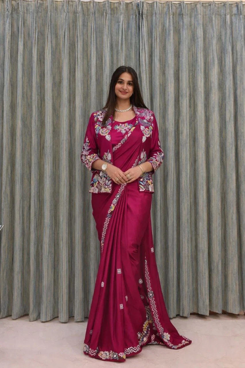 Bt 7142 Pink Crep Satin Ready to Wear Saree with Koti