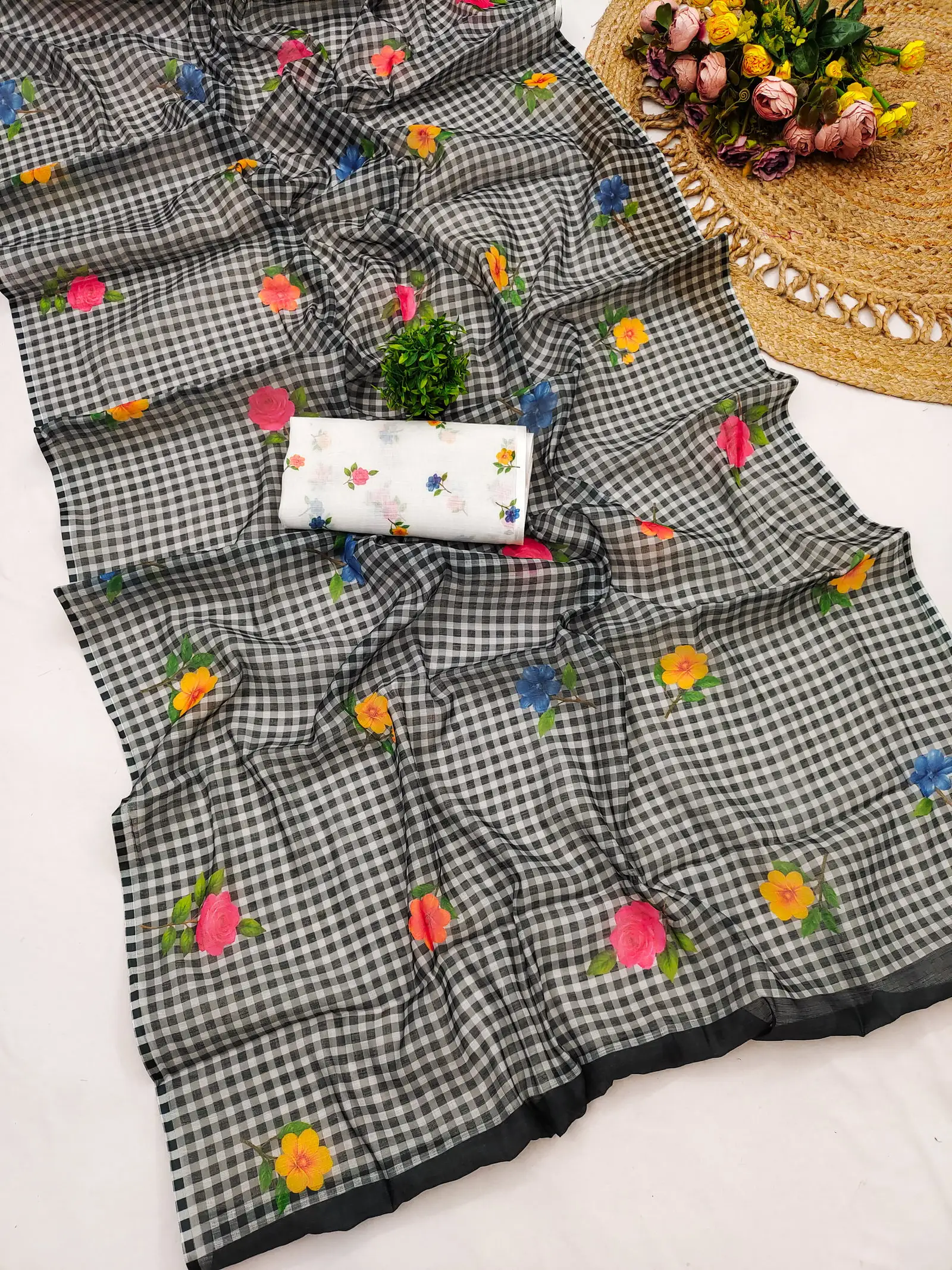 Checks Printed 1 Soft Linen Cotton Flower Printed Saree Collection