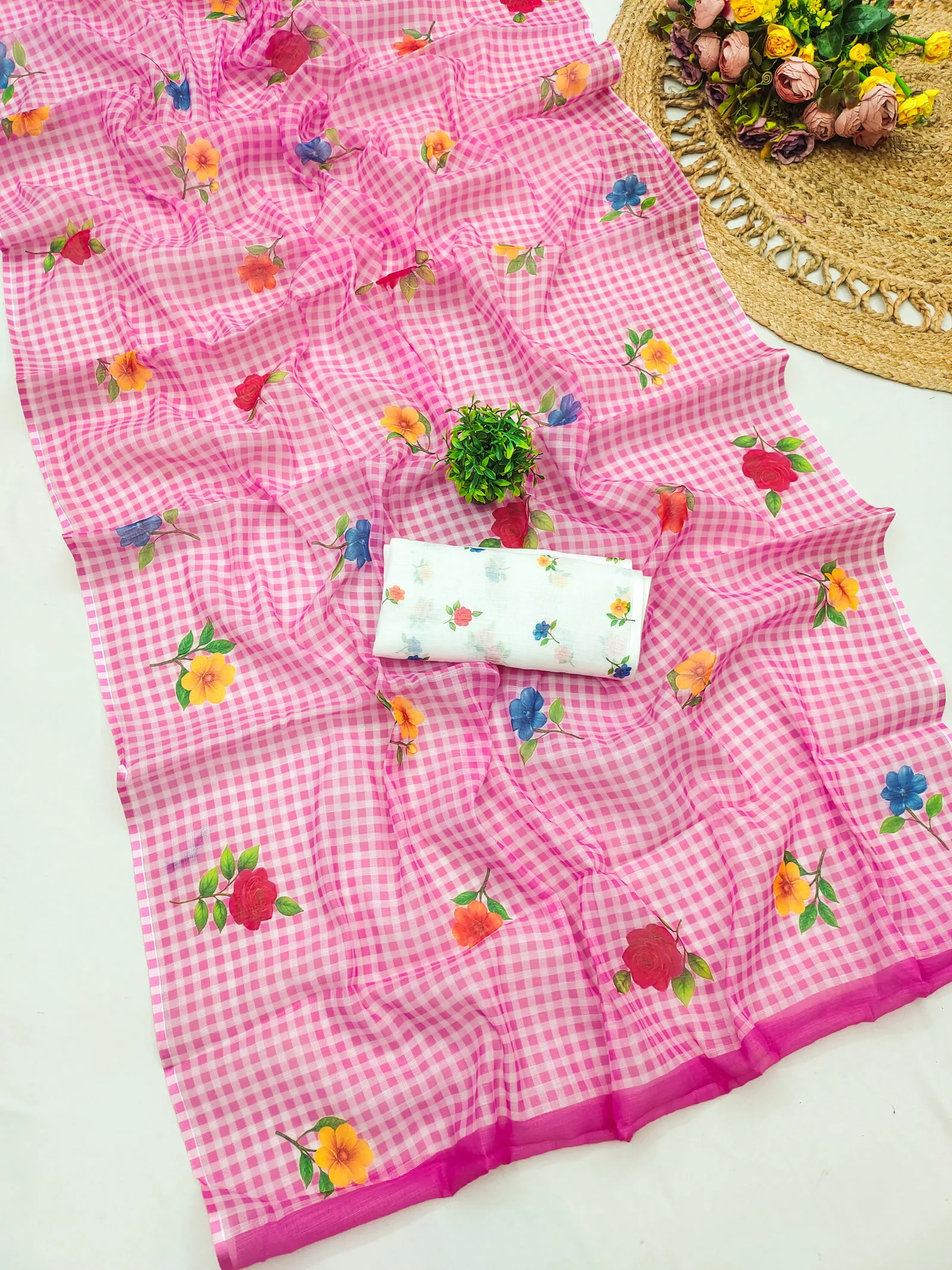 Checks Printed 1 Soft Linen Cotton Flower Printed Saree Collection