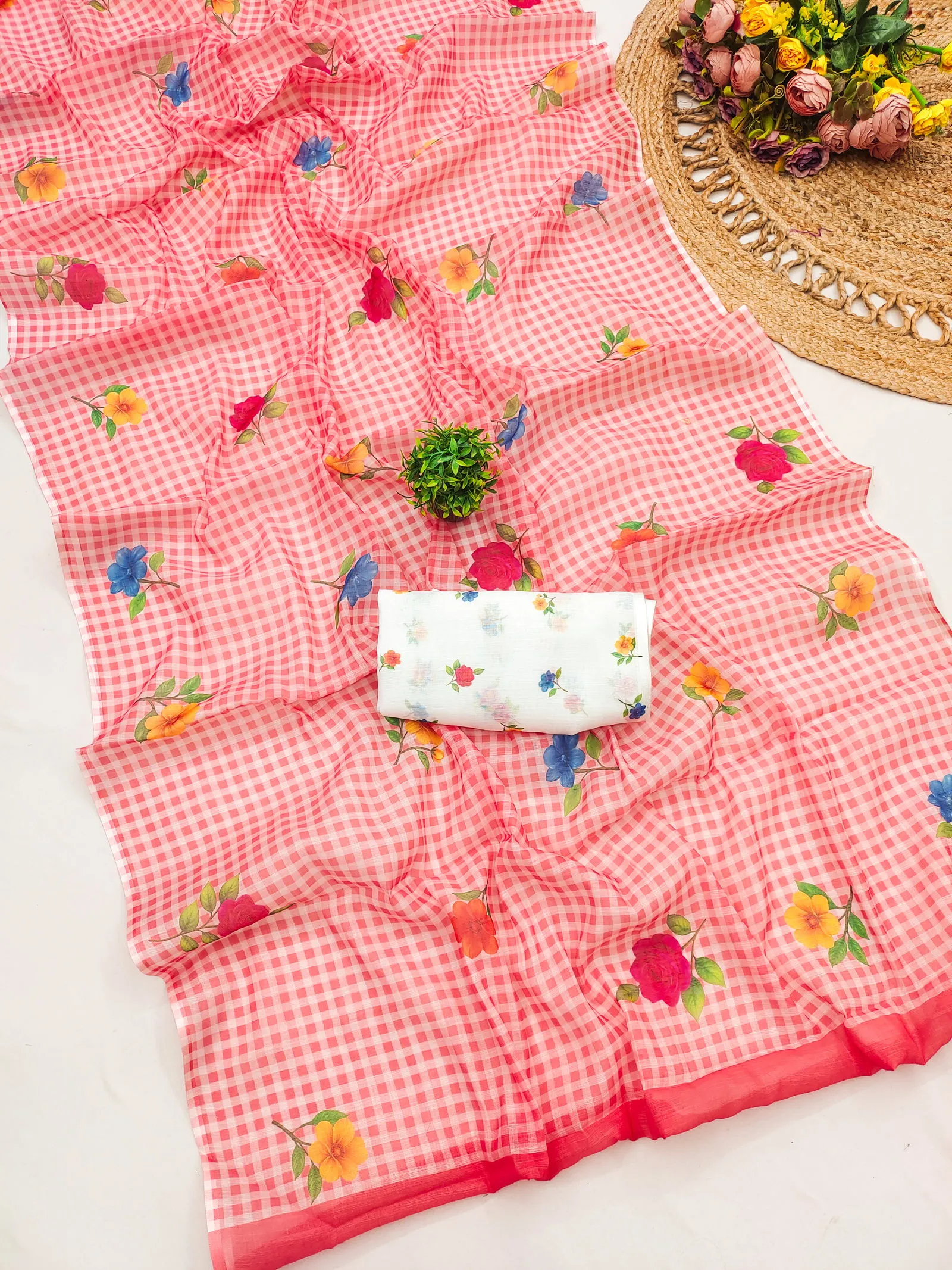 Checks Printed 1 Soft Linen Cotton Flower Printed Saree Collection