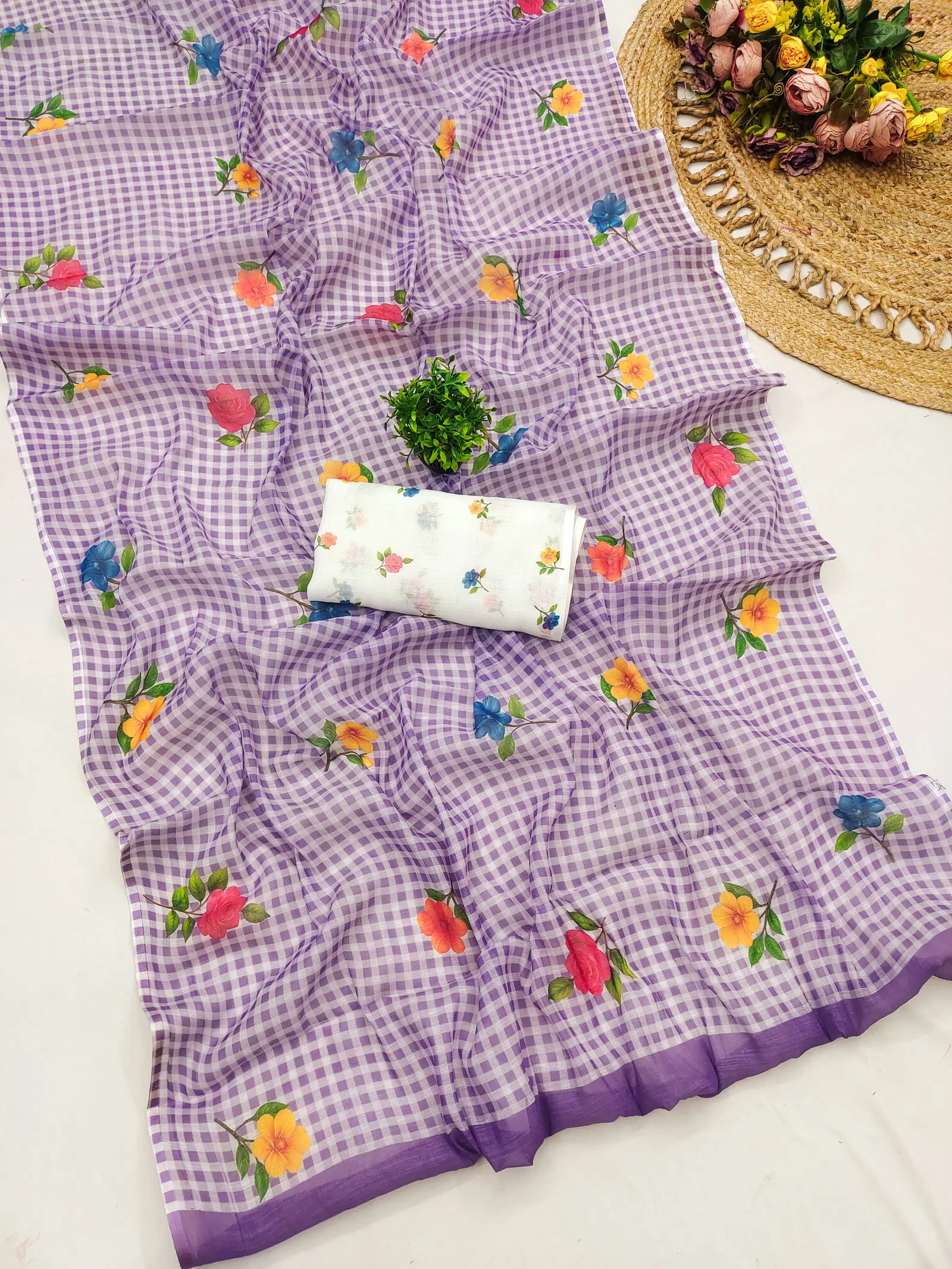 Checks Printed 1 Soft Linen Cotton Flower Printed Saree Collection