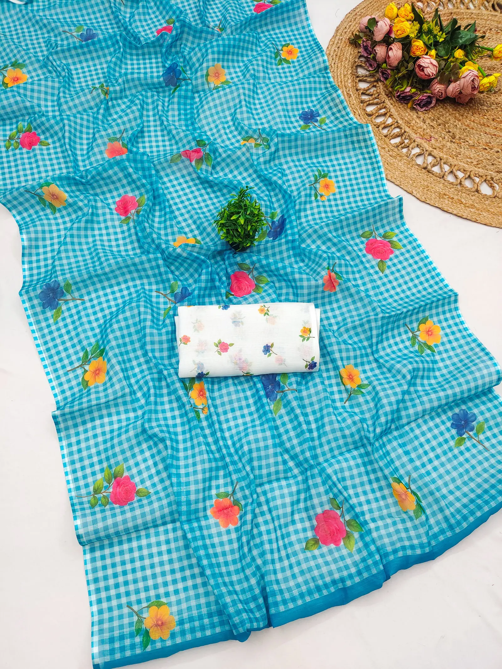 Checks Printed 1 Soft Linen Cotton Flower Printed Saree Collection