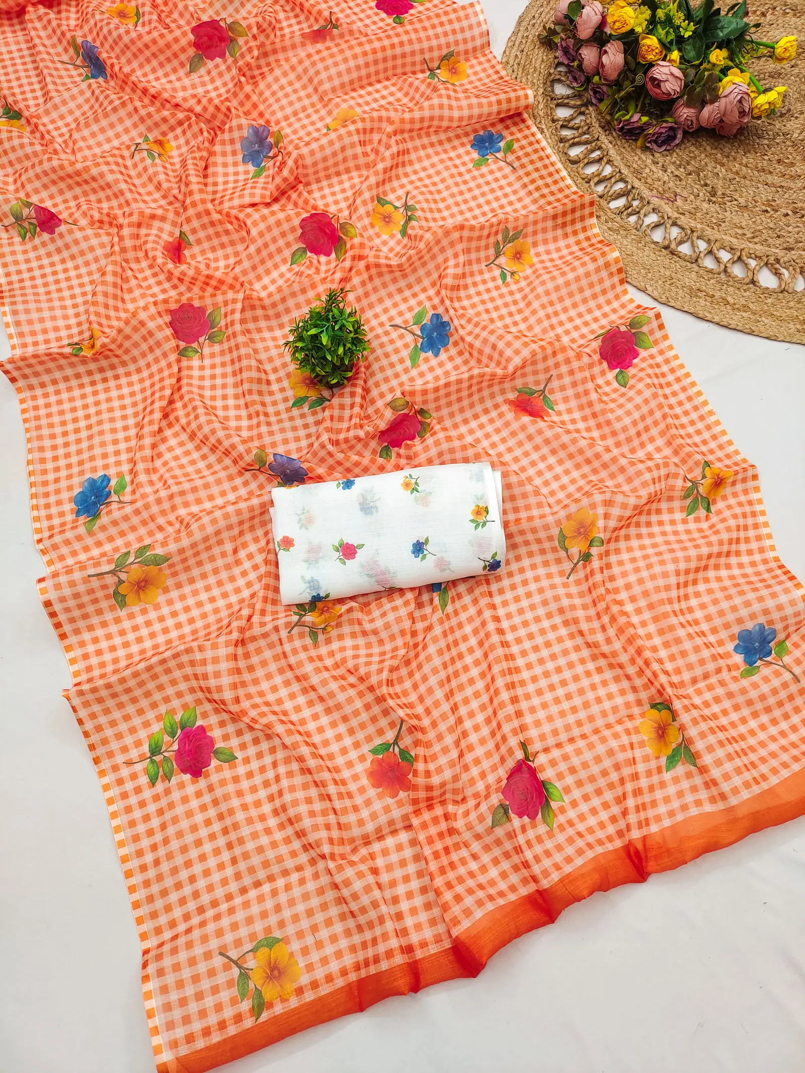 Checks Printed 1 Soft Linen Cotton Flower Printed Saree Collection