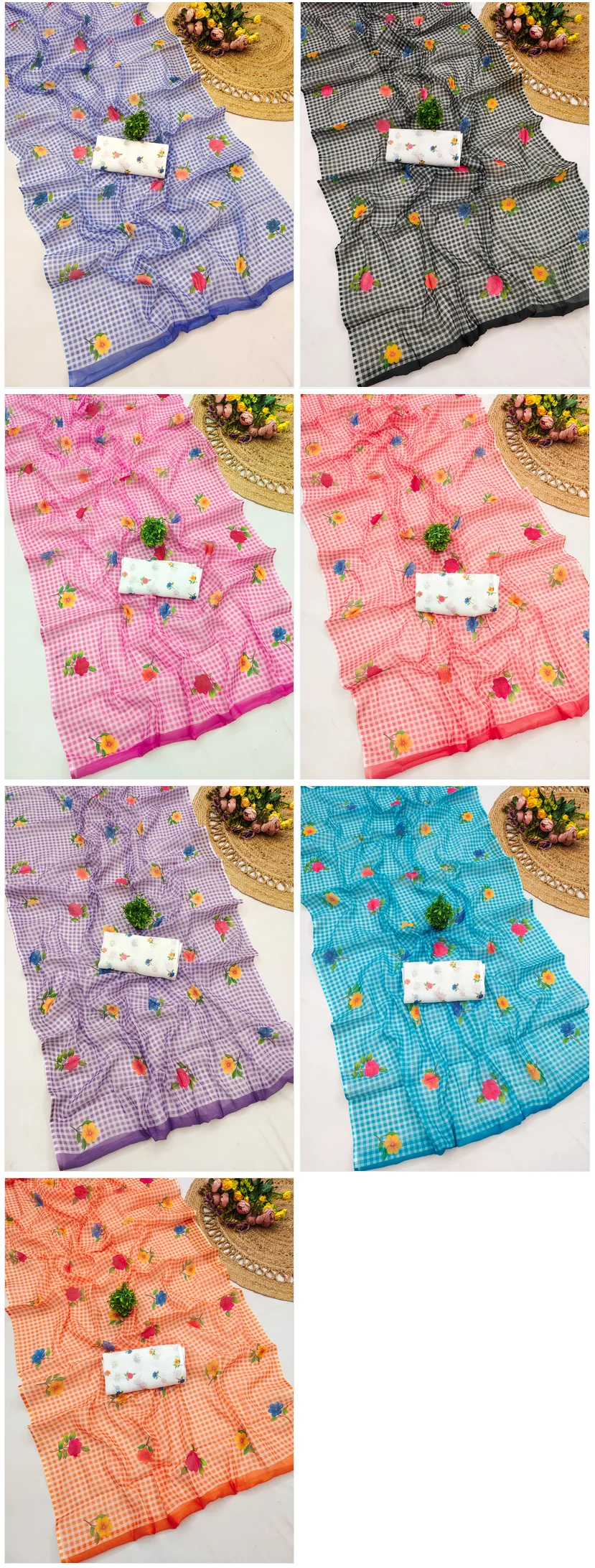 Checks Printed 1 Soft Linen Cotton Flower Printed Saree Collection