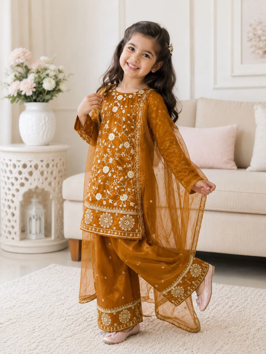 Designer Fendi Silk Kids Kurti Pant With Dupatta Collection