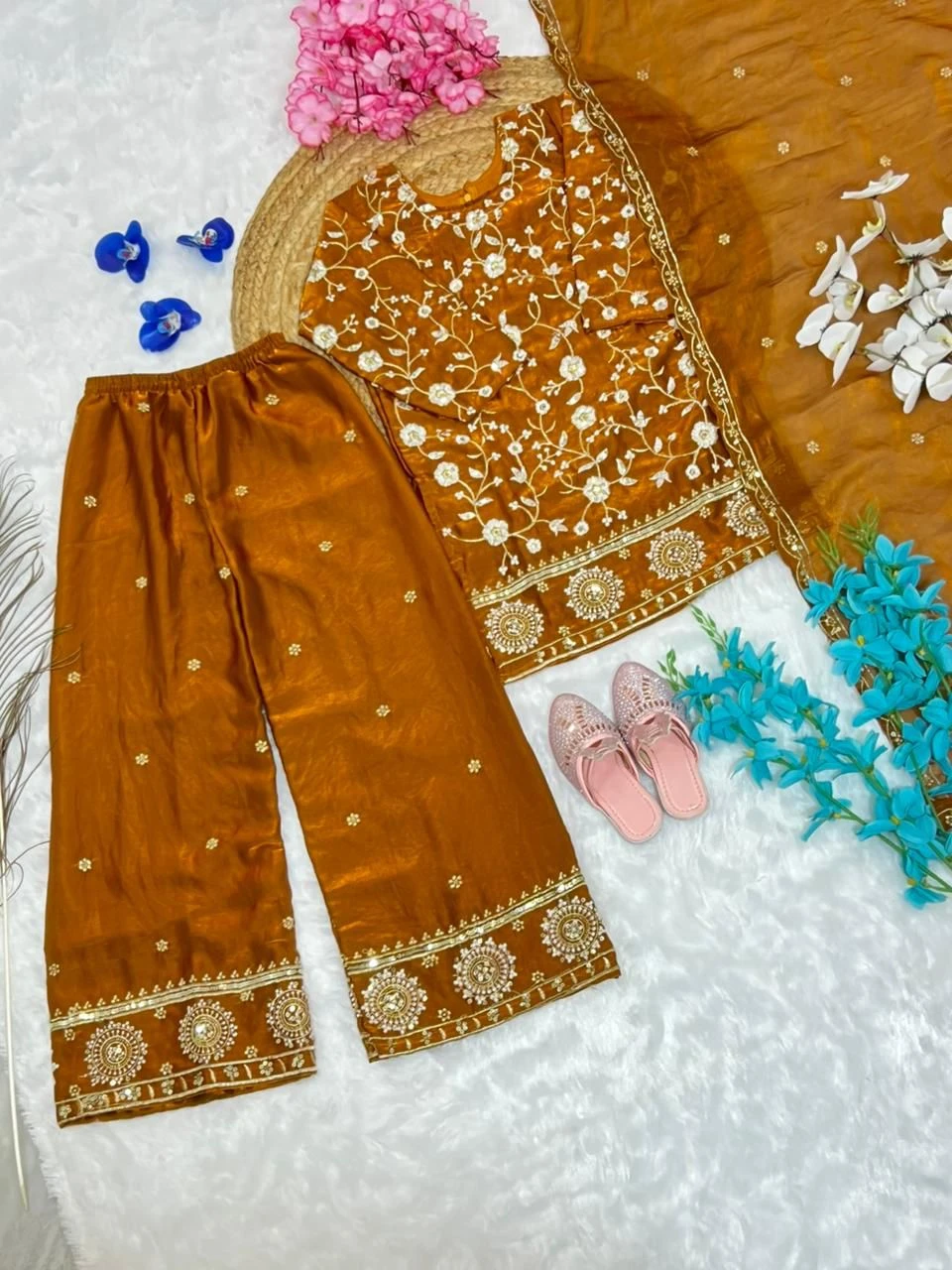 Designer Fendi Silk Kids Kurti Pant With Dupatta Collection