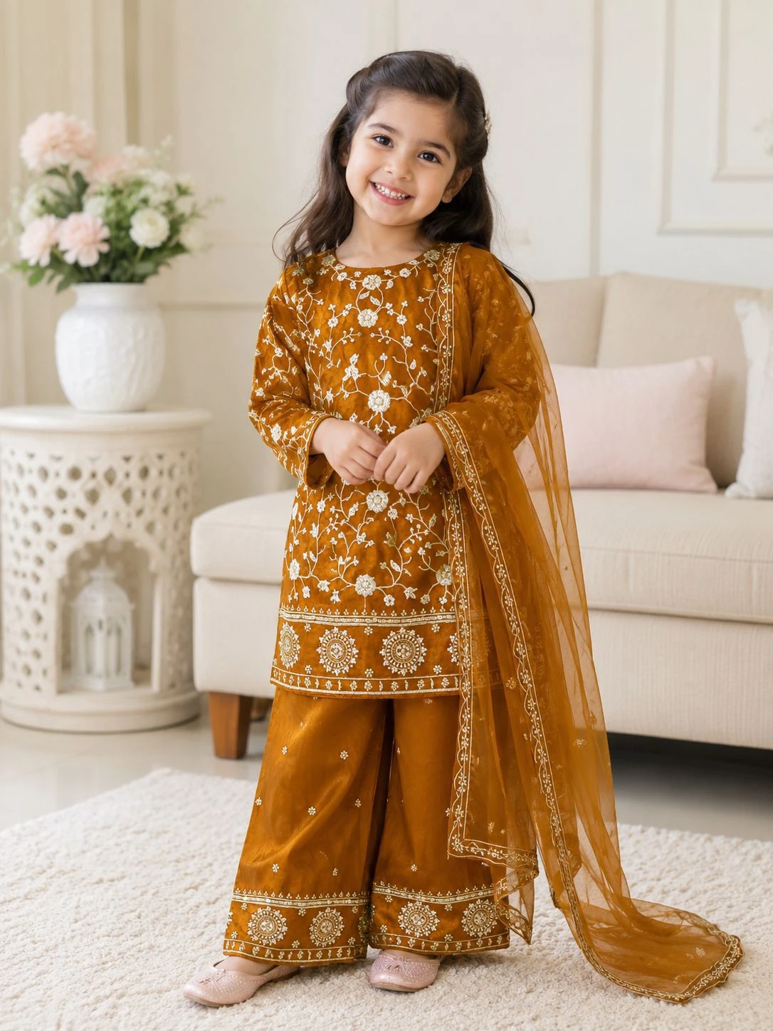 Designer Fendi Silk Kids Kurti Pant With Dupatta Collection