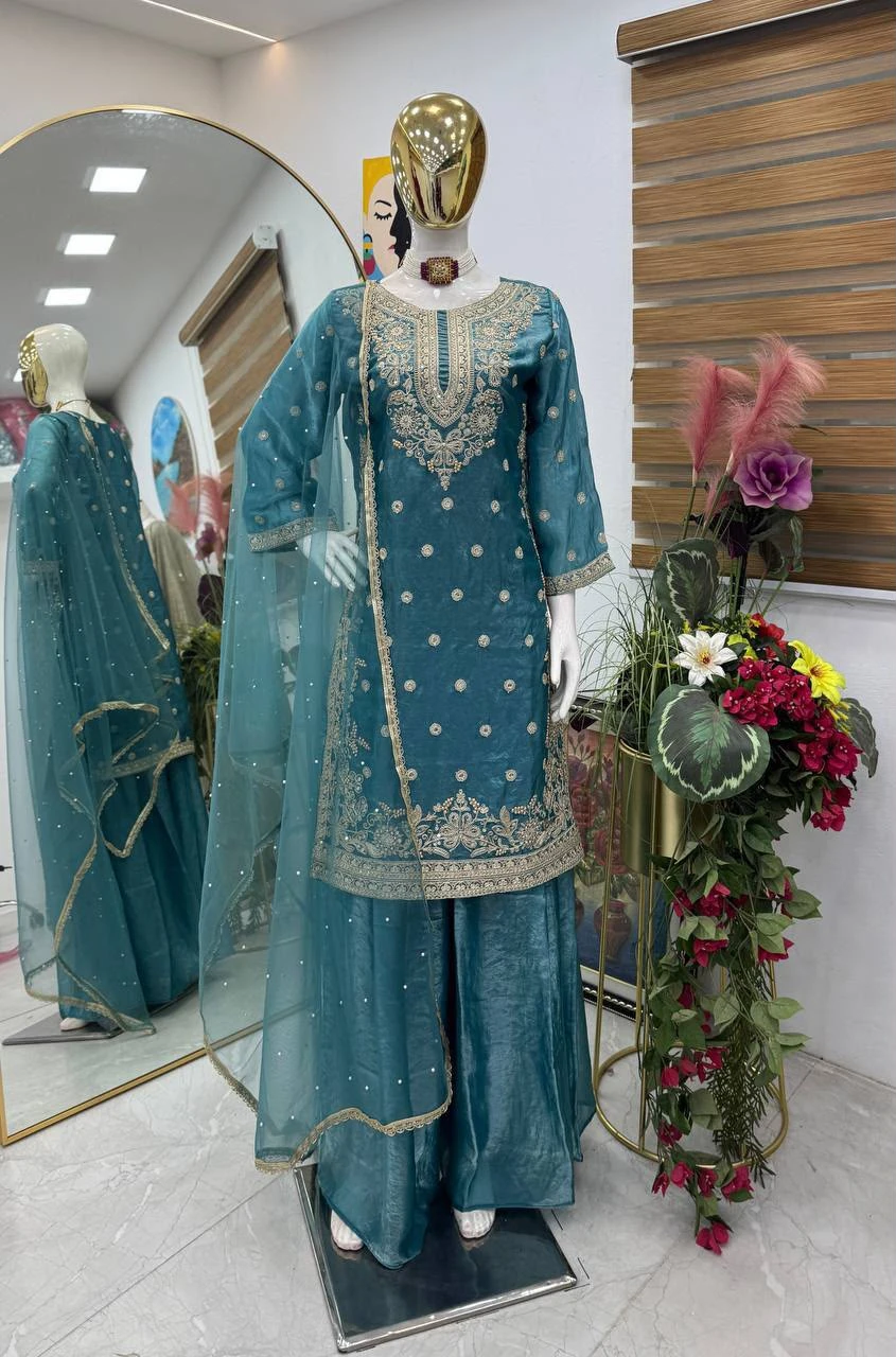 Designer Party Top Palazzo & Dupatta Set