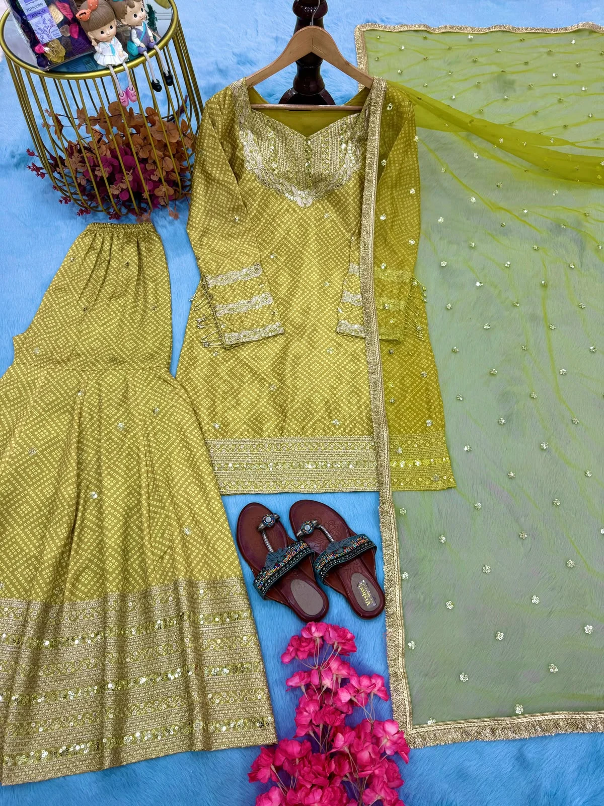 Designer Party Wear Chinon Silk Top-Blouse Palazzo Set