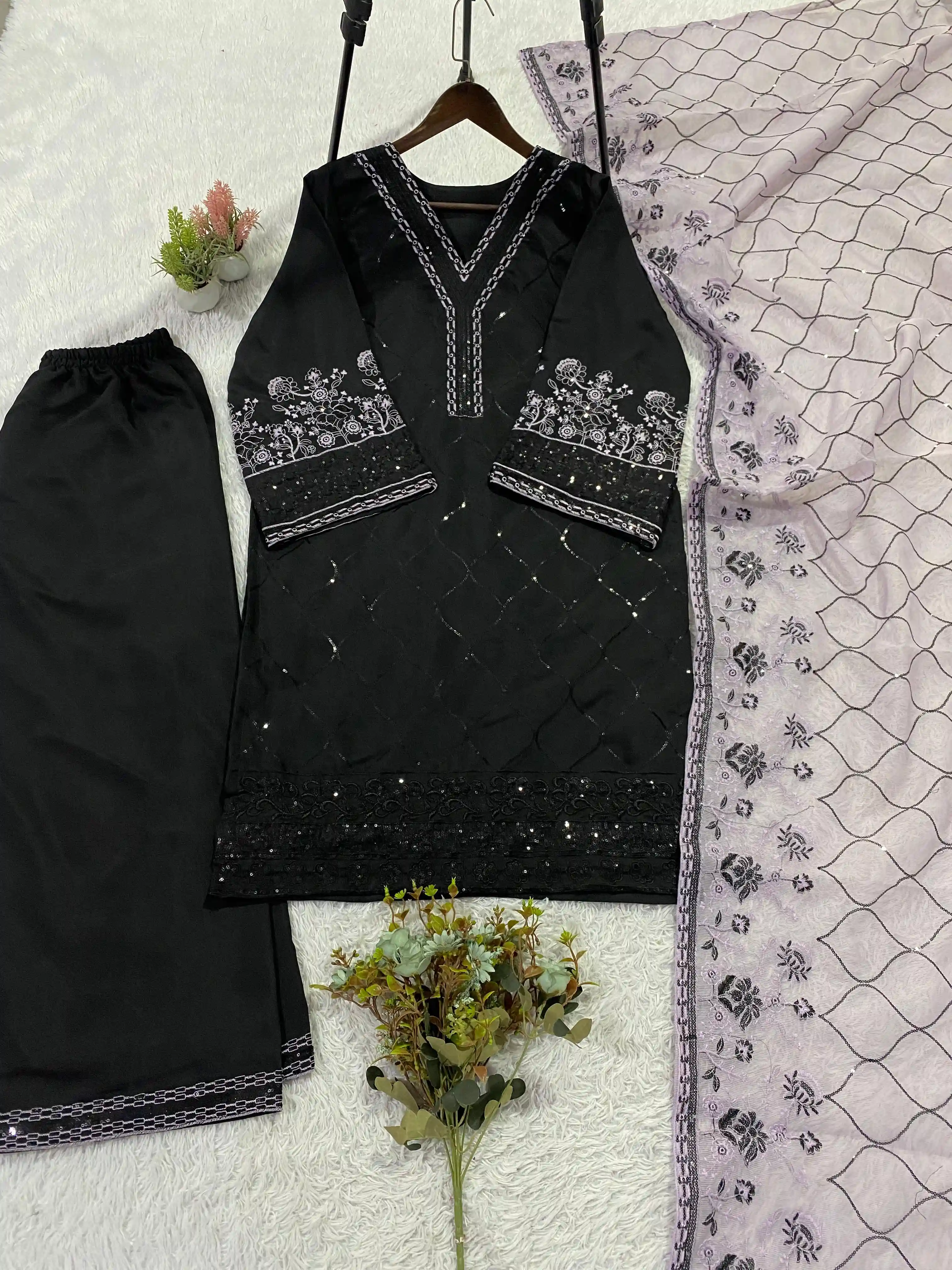 Designer Sequence Embroidered Top Palazzo With Dupatta Collection